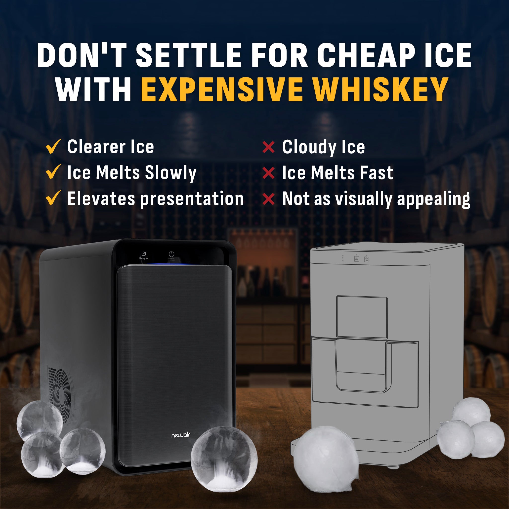 Newair® Countertop Whiskey Ice Ball Maker - 32 Ice Spheres in 24 Hours | Perfect for Cocktails, Bourbon & Scotch | Home Bar & Party Essential