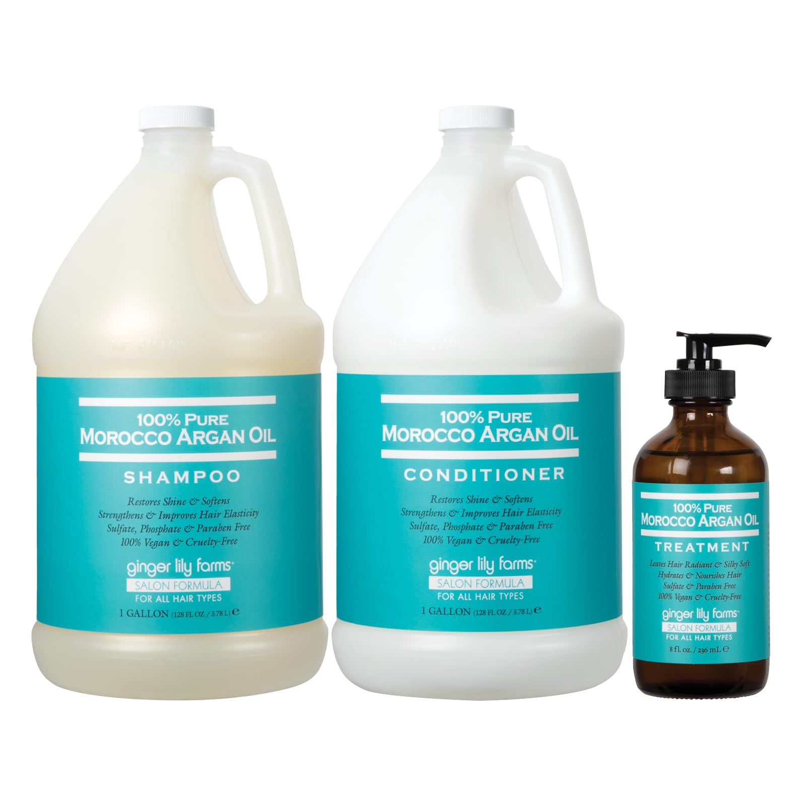 Ginger Lily Farms Salon Formula 100% Pure Moroccan Argan Oil Shampoo & Conditioner Set with Hair Treatment - Hydrating & Repairing Bundle for Dry, Damaged Hair - Perfect for Daily Hair Care & Salon-Quality Results at Home