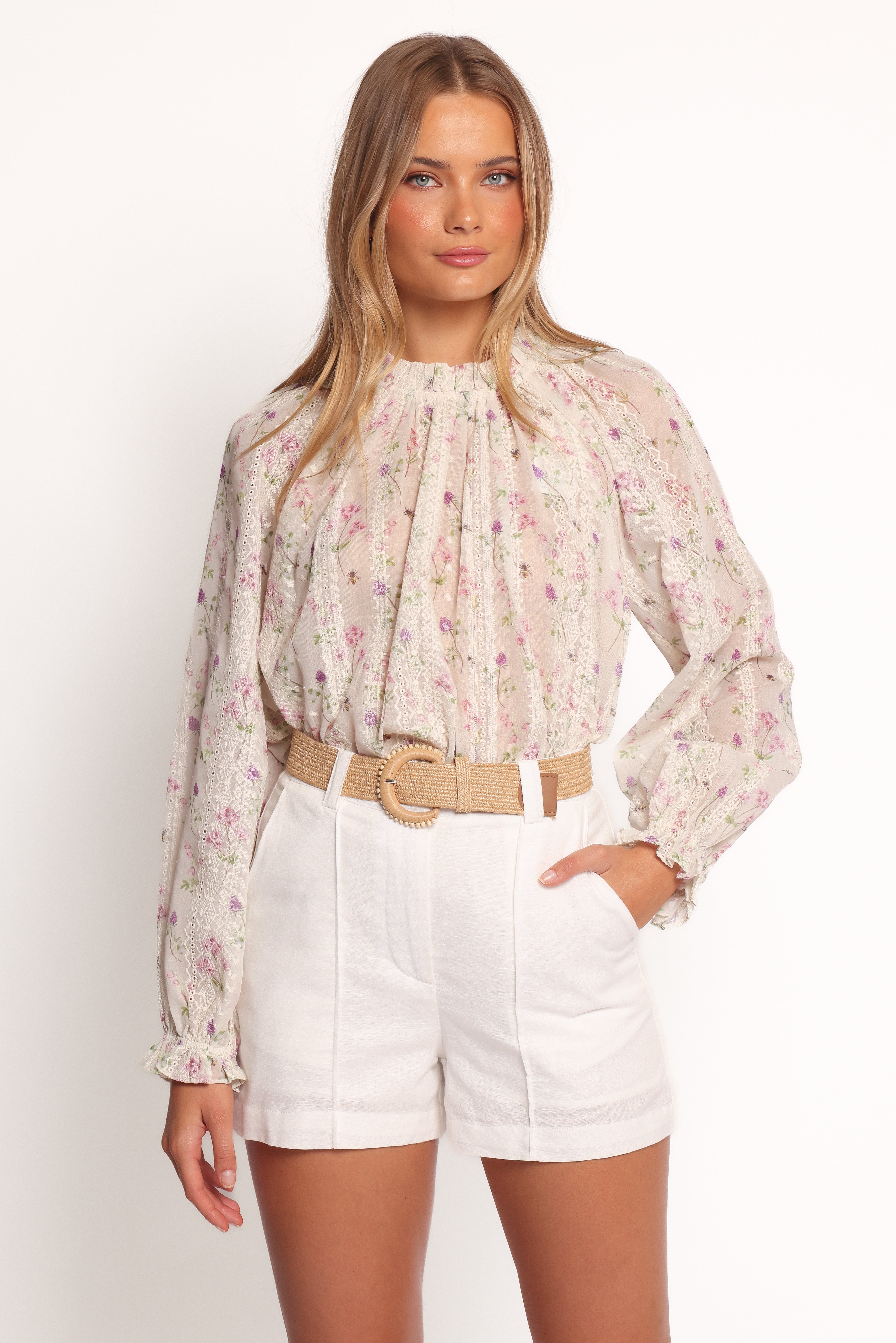 Annie Women's Long Sleeve Blouse - Pink Floral Print Tops for Casual Wear & Office Outfits