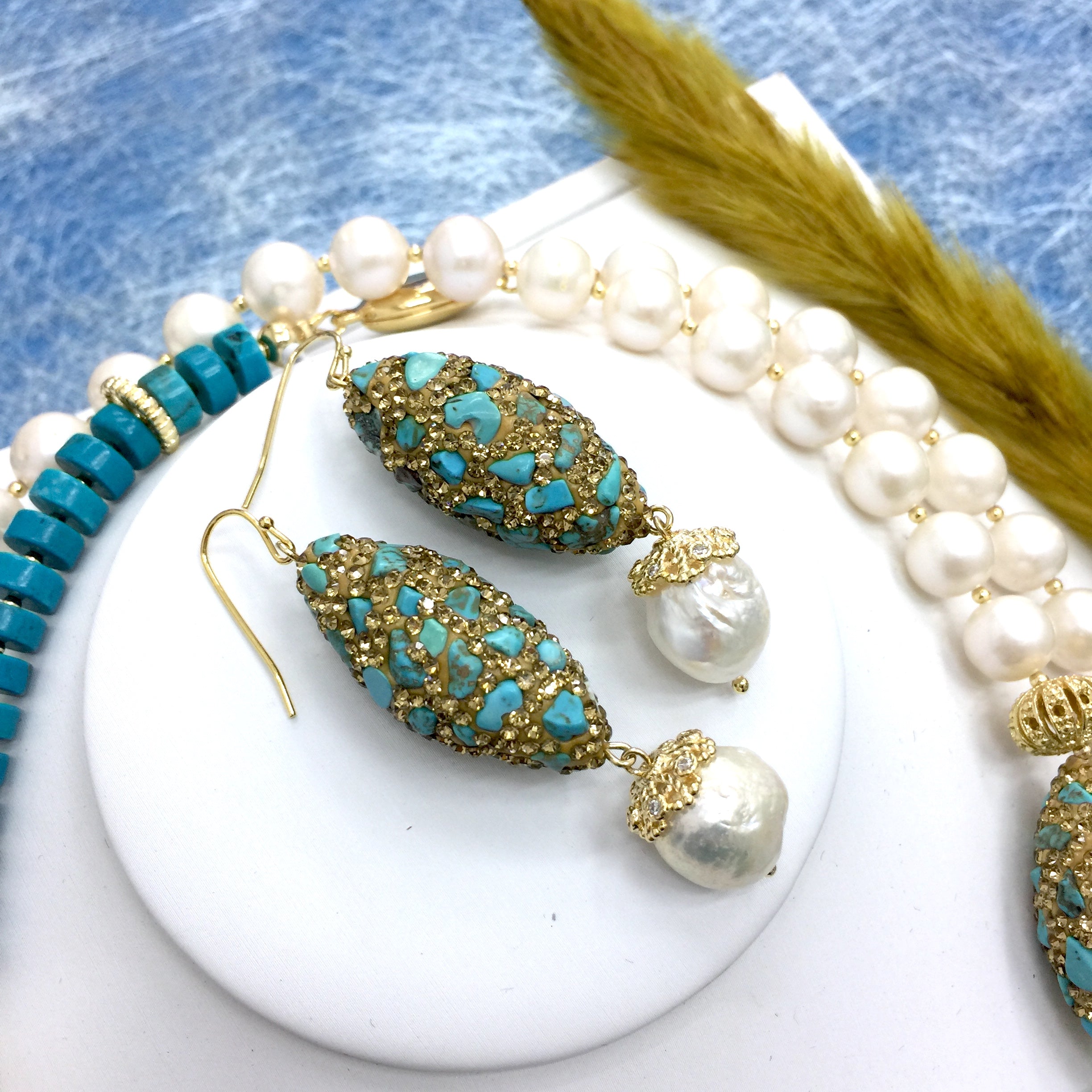Turquoise Rhinestone Earrings with Freshwater Pearls - Elegant Dangle Earrings for Women | Perfect for Weddings, Parties & Special Occasions