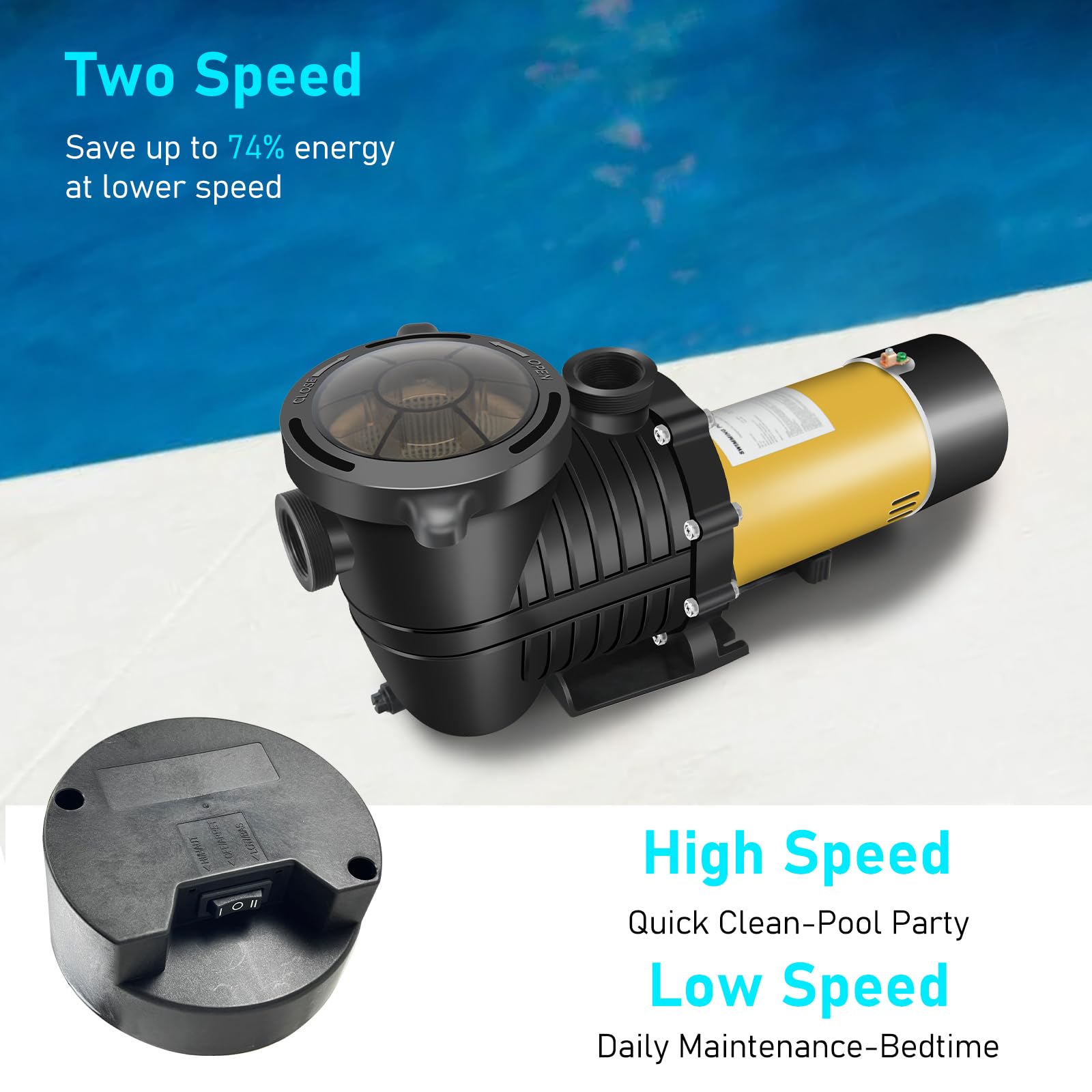 PureBy 1.5HP Energy Efficient Dual Speed Pool Pump - Inground/Above Ground Swimming Pool Circulation System with 1.25'' & 1.5'' NPT Unions (230V) - Perfect for Backyard Pool Maintenance, Water Filtration & Summer Swimming