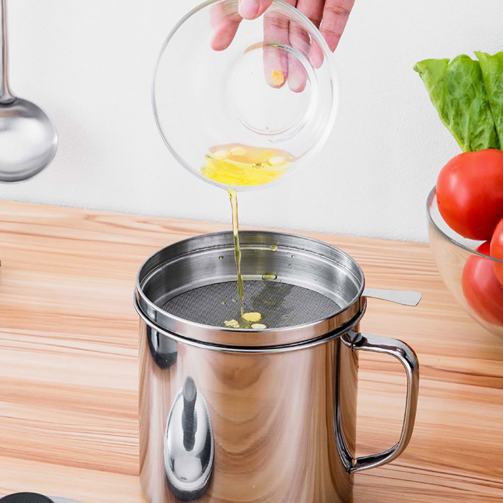 Stainless Steel Grease Keeper with Mesh Strainer - 1.7L (8 Cups) Oil Storage Container for Kitchen - Perfect for Storing Cooking Oil, Bacon Grease & Frying Fat After Cooking