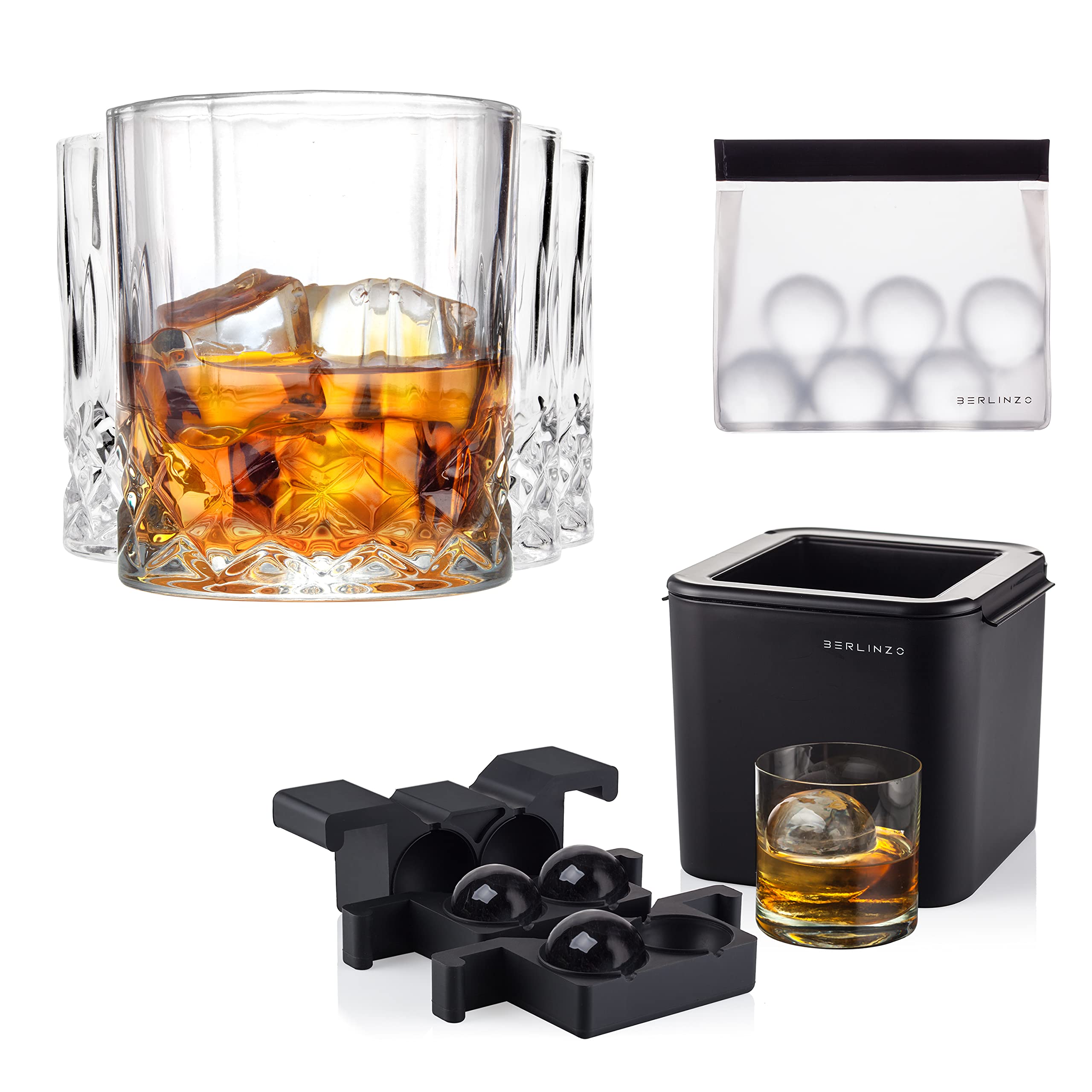 BERLINZO Premium Clear Ice Ball Maker Mold with 4 Whiskey Glasses Set - 2.4 Inch Large Ice Sphere Maker for Bourbon, Scotch & Cocktails - Perfect Home Bar Accessories for Entertaining & Gifting (Gift Box Included) - Ideal for Whiskey Tasting Parties, Romantic Dinners & Man Cave Decor