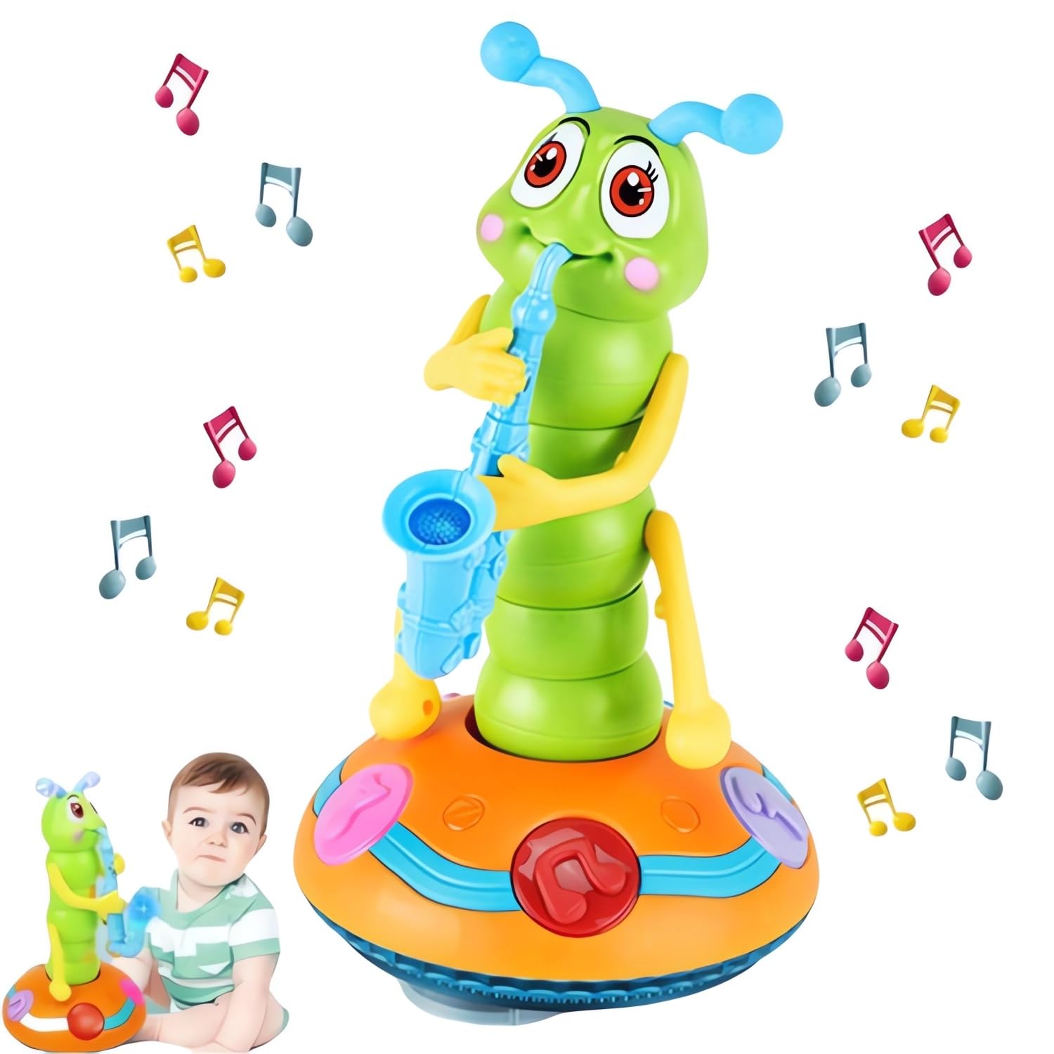 Electric Dancing Saxophone Caterpillar Toy - LED Light & Music with Auto Obstacle Avoidance - Early Learning Educational Gift for Toddlers & Kids - Perfect for Birthday Parties, Preschool Playtime & Sensory Development (Blue)
