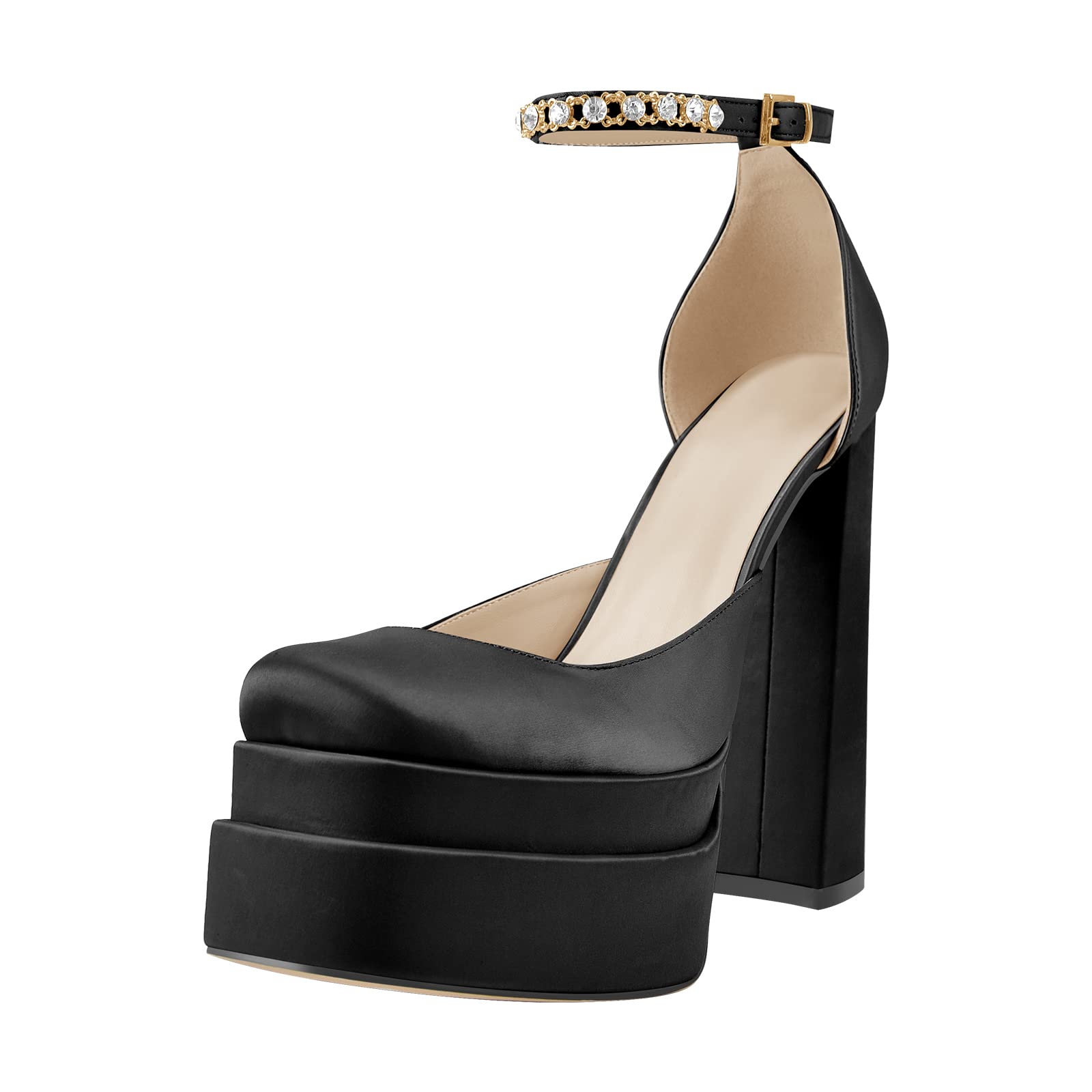 Women's Chunky Heel Platform Pumps - Square Toe Rhinestone Ankle Strap Satin Dress Shoes for Party, Wedding & Evening Events