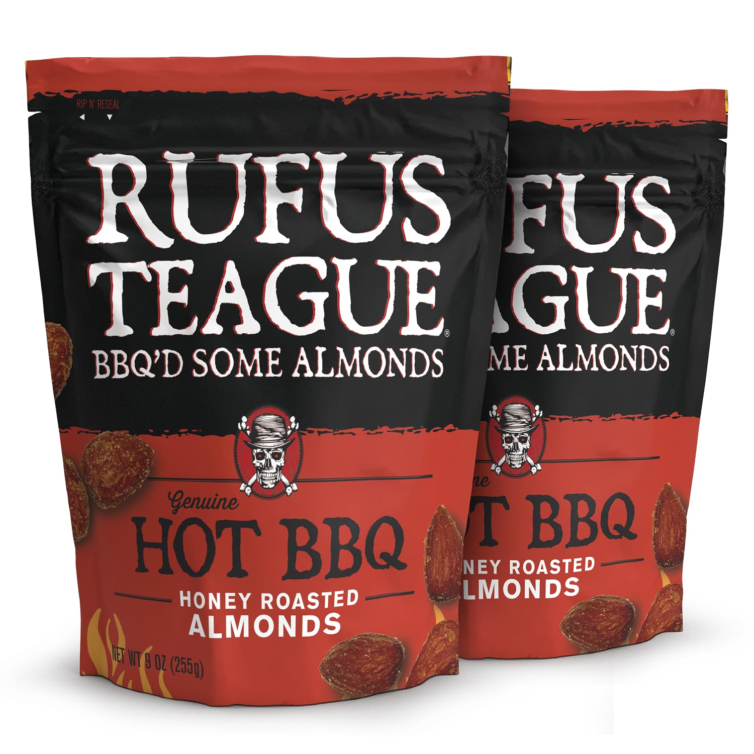 Rufus Teague Hot BBQ Honey Roasted Almonds – Sweet, Spicy & Smoky Gourmet Snacks, 9 oz Resealable Pouch (2 Pack) | Perfect for Parties, Gifts & Healthy On-the-Go Snacking