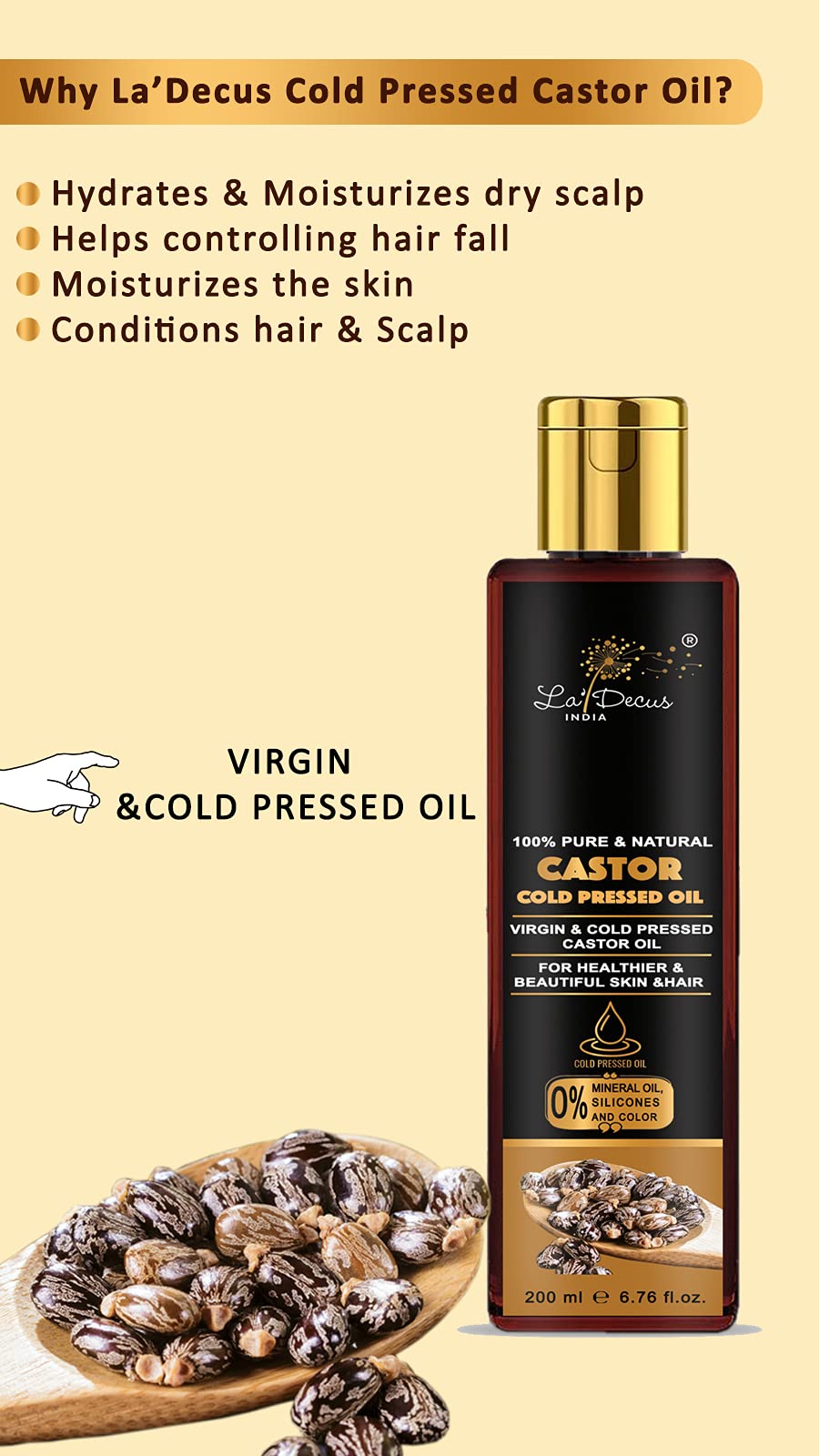 La' Decus® 100% Pure Virgin Cold Pressed Castor Oil for Hair Growth & Eyelashes - Natural, Chemical-Free, Hexane-Free (200ml) | Promotes Thicker Hair & Stronger Lashes | Perfect for Hair Care, Skin Moisturizing & DIY Beauty Treatments