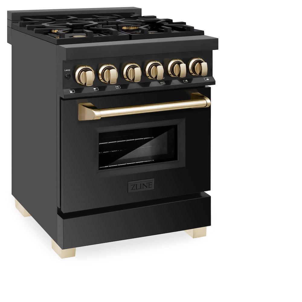 ZLINE Autograph Edition 24 Inch 2.8 Cu Ft Dual Fuel Range with 4 Burner Gas Cooktop & Electric Convection Oven - Black Stainless Steel with Polished Gold Accents (RABZ 24 G) | Professional Kitchen Appliance for Home Chefs & Cooking Enthusiasts