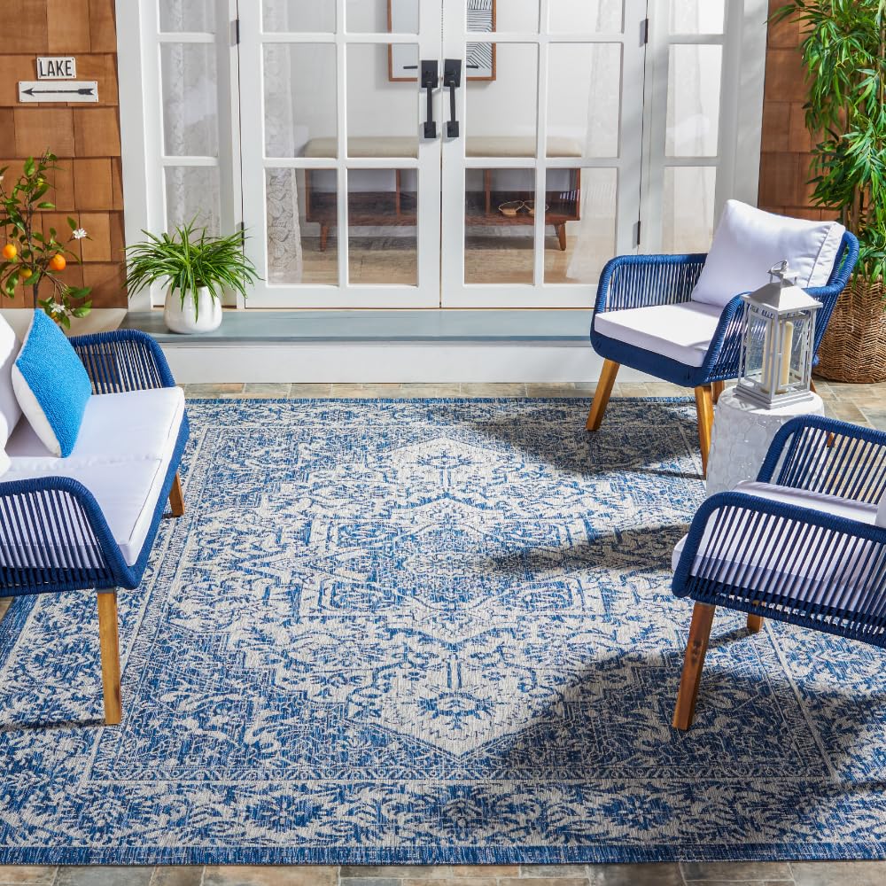 SAFAVIEH Courtyard Collection 8' x 10' Navy & Light Grey Indoor Outdoor Waterproof Area Rug - Easy to Clean, Perfect for Patio, Backyard, Mudroom, Deck & Sunroom Decor