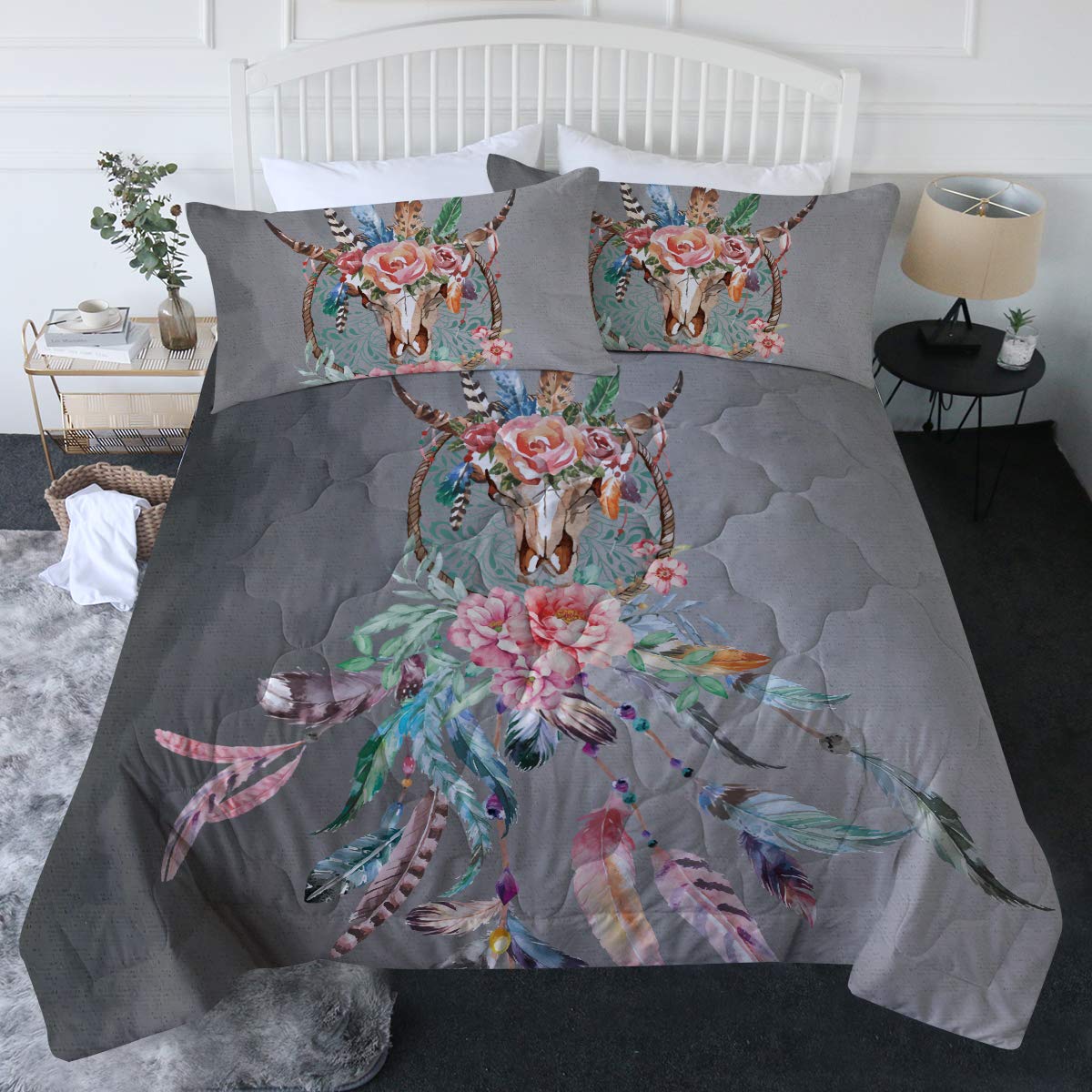 BlessLiving 3 Piece Cow Skull Comforter Set with Pillow Shams - Southwestern Dream Catcher Bedding Set | 3D Printed Reversible Comforter Full/Queen Size Duvet Cover in Grey | Perfect for Western Theme Bedroom, Boho Decor & Southwestern Home Styling