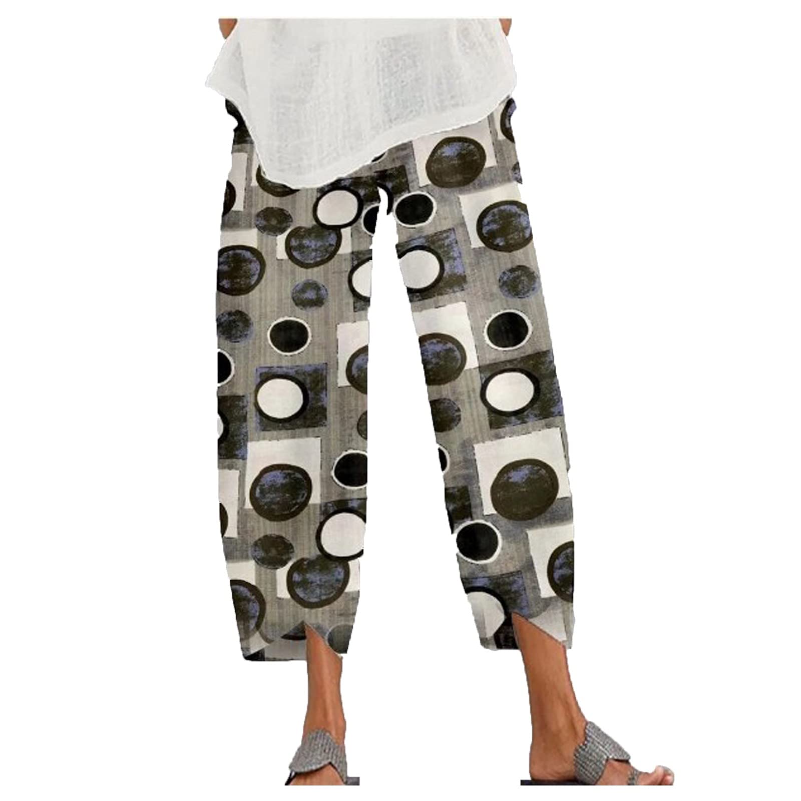 Geometric Print Cotton Linen Pants for Women - Retro High Waisted Elastic Waist with Pockets - Plus Size Linen Trousers for Casual Wear, Travel & Summer Outfits