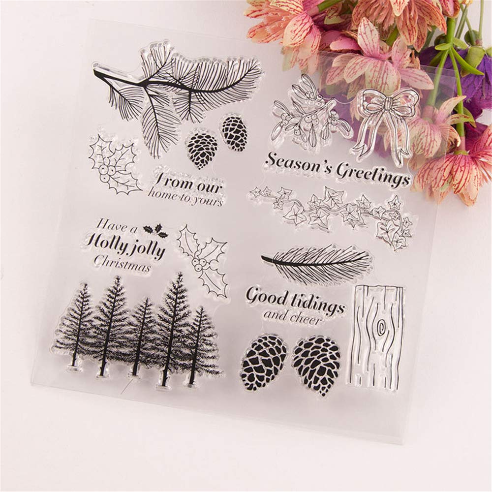 Winter Trees Branch Leaves Pine Cones Bow Clear Rubber Stamps for Card Making, Scrapbooking & Christmas Wishes - Silicone Stamps Set (T1641) - Perfect for DIY Greeting Cards, Holiday Crafts & Gift Wrapping