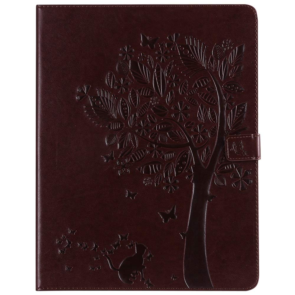 Premium PU Leather Tablet Case for iPad Pro 12.9 Inch (3rd Gen 2018) - Tree Cat Embossed Flip Stand Cover with Card Slot - Brown | Perfect for Work, Travel & Home Use