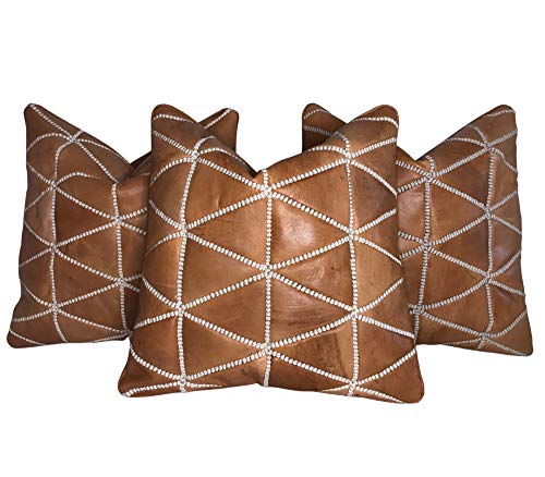 Premium 16x16 Inch Leather Throw Pillow Set of 3 - 100% Natural Handwoven Decorative Cushions for Living Room Sofa, Bed & Home Decor - Soft Luxury Pillow Covers for Modern Interior Design