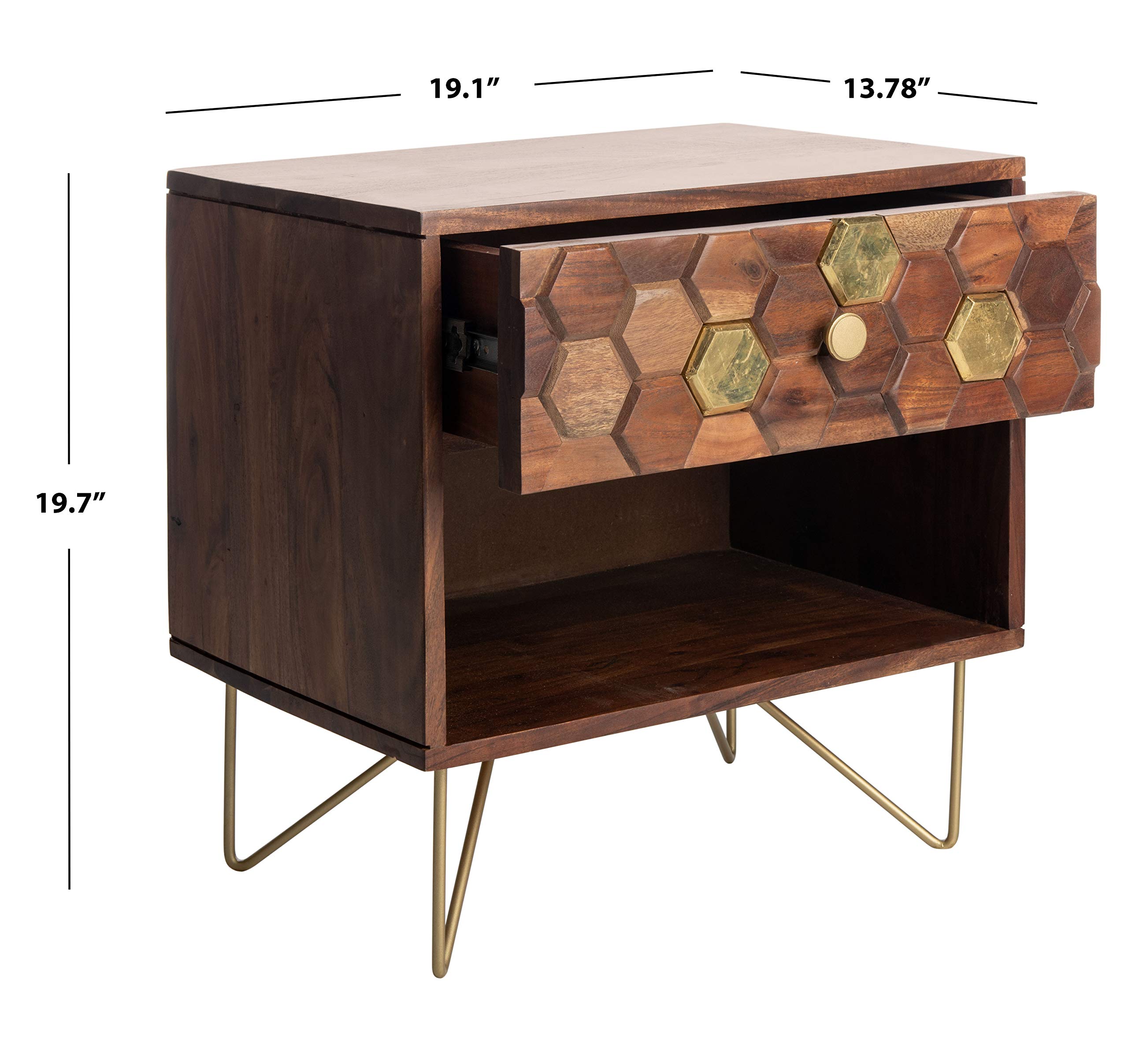 Safavieh Raveena Modern Honeycomb Nightstand with Natural Wood & Brass Hairpin Legs - Perfect for Bedroom, Living Room, or Office Side Table