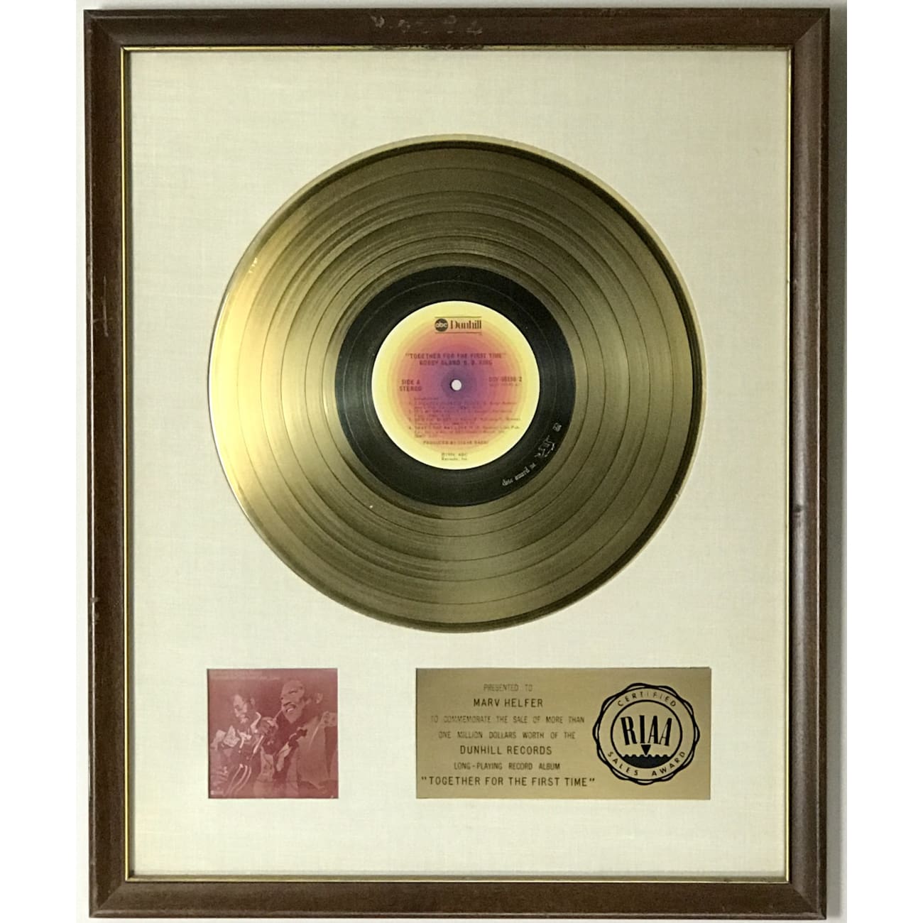 B.B. King & Bobby Bland Together For The First Time Live White Matte RIAA Gold LP Award - Rare Vintage Vinyl Record Collector's Item for Music Enthusiasts & Home Decor