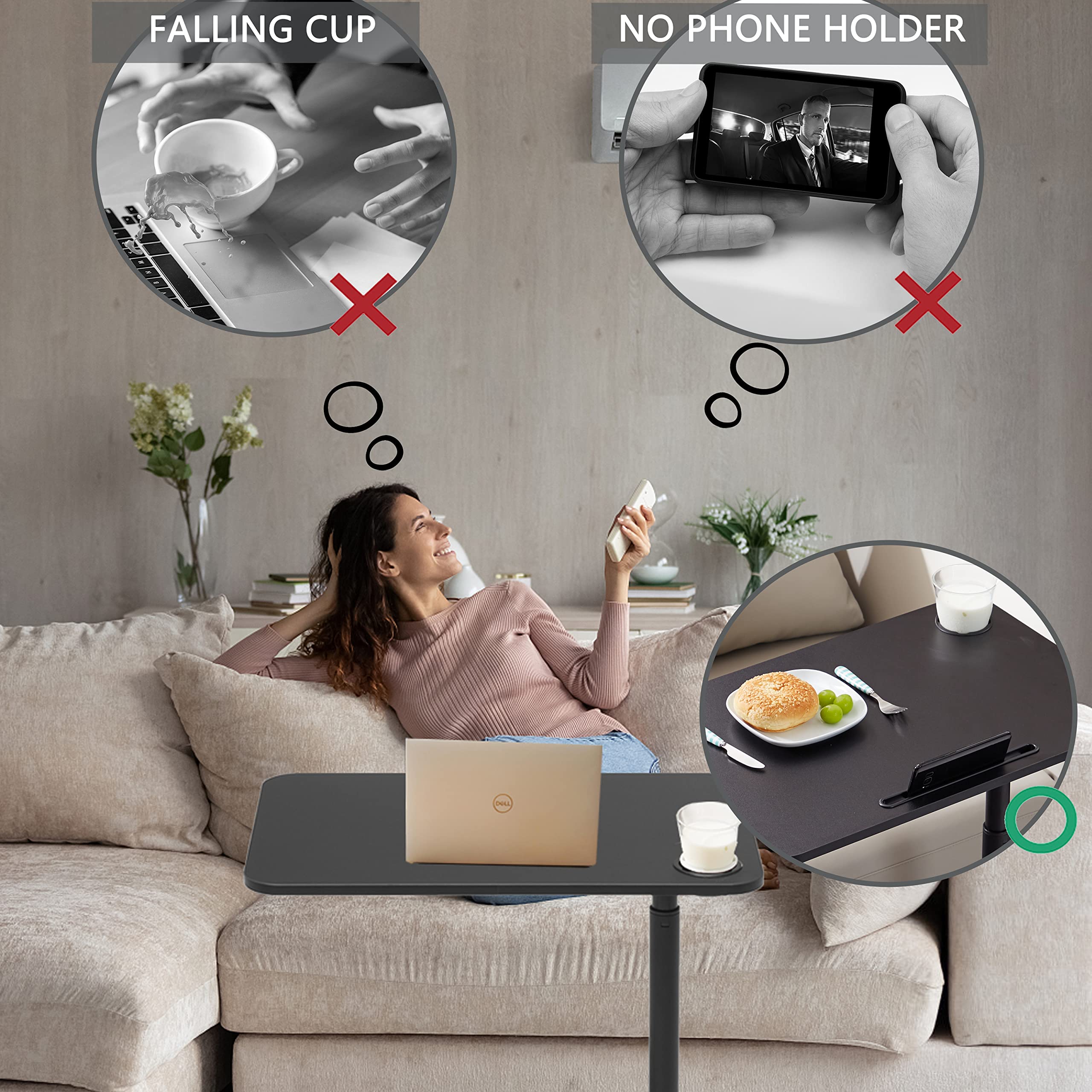 Adjustable Overbed Table with Wheels - Rolling Tray Table for Hospital Bed, Bedside Laptop Desk - Portable Mobile Work Surface for Eating, Working, Reading in Bed (Black) - Perfect for Patients, Elderly Care & Home Office Use