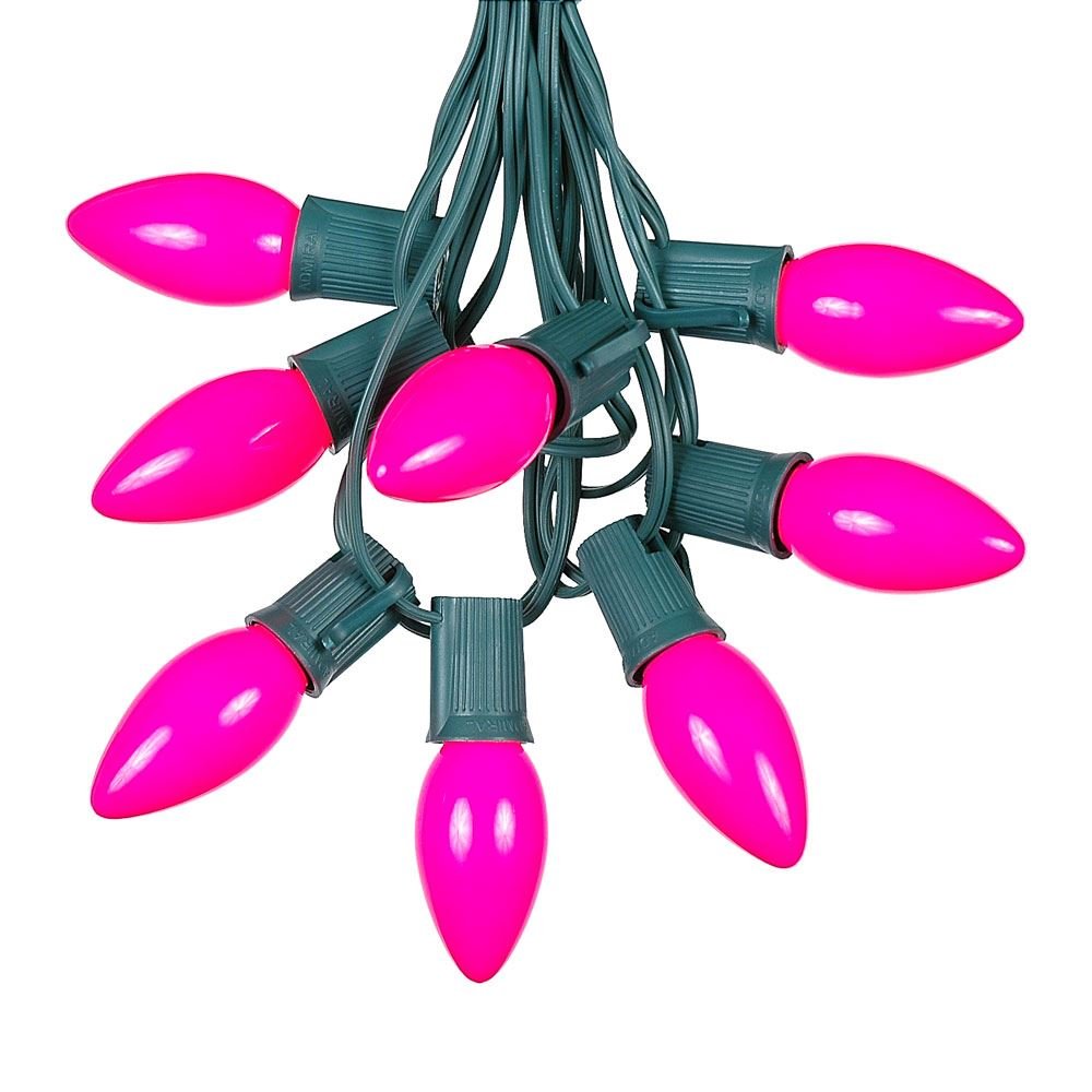100 Foot C9 Pink Ceramic Christmas String Lights - Outdoor Holiday Lights with Opaque Bulbs & Green Wire - Perfect for Roofline, Trees, and Patio Decorations
