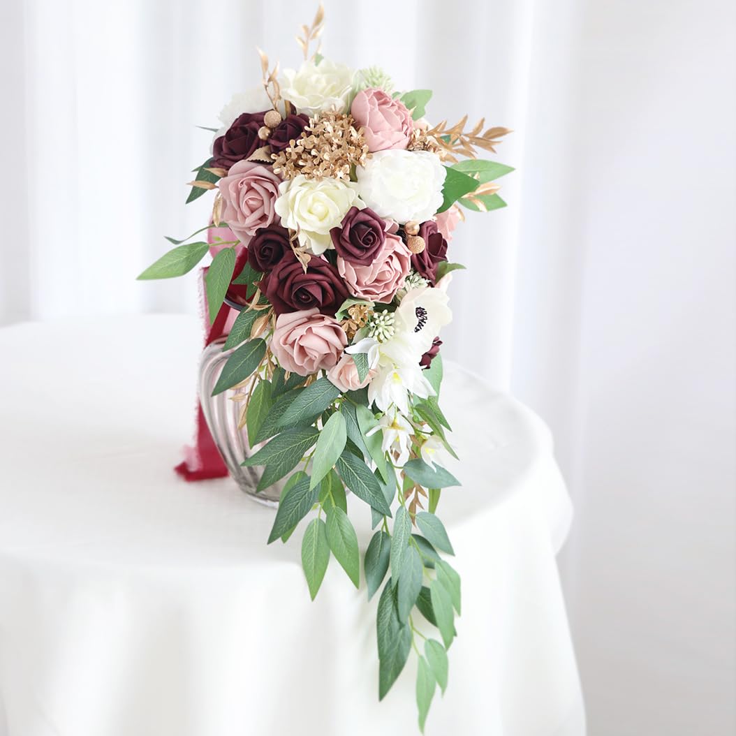Artificial Calla Lily & Rose Cascading Bridal Bouquet - 10 Inch Burgundy White Roses & Purple Calla Lilies with Real Touch Eucalyptus - Satin Ribbon Handle Wedding Flowers for Bridal Shower, Ceremony & Home Decor