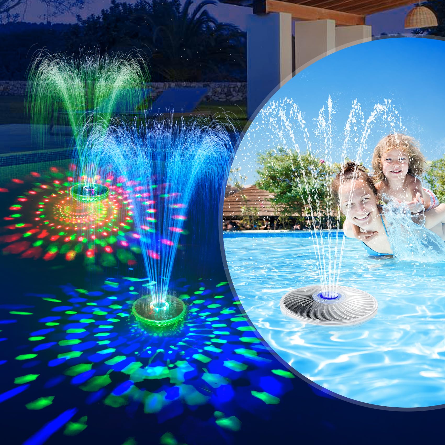 DeeprBetter Solar Pool Fountain with LED Lights - High Efficiency Solar Powered Floating Water Fountain Pump for Above Ground Pools - Blue Solar Pool Waterfall & Sprinkler - Perfect for Backyard, Garden & Patio Decor