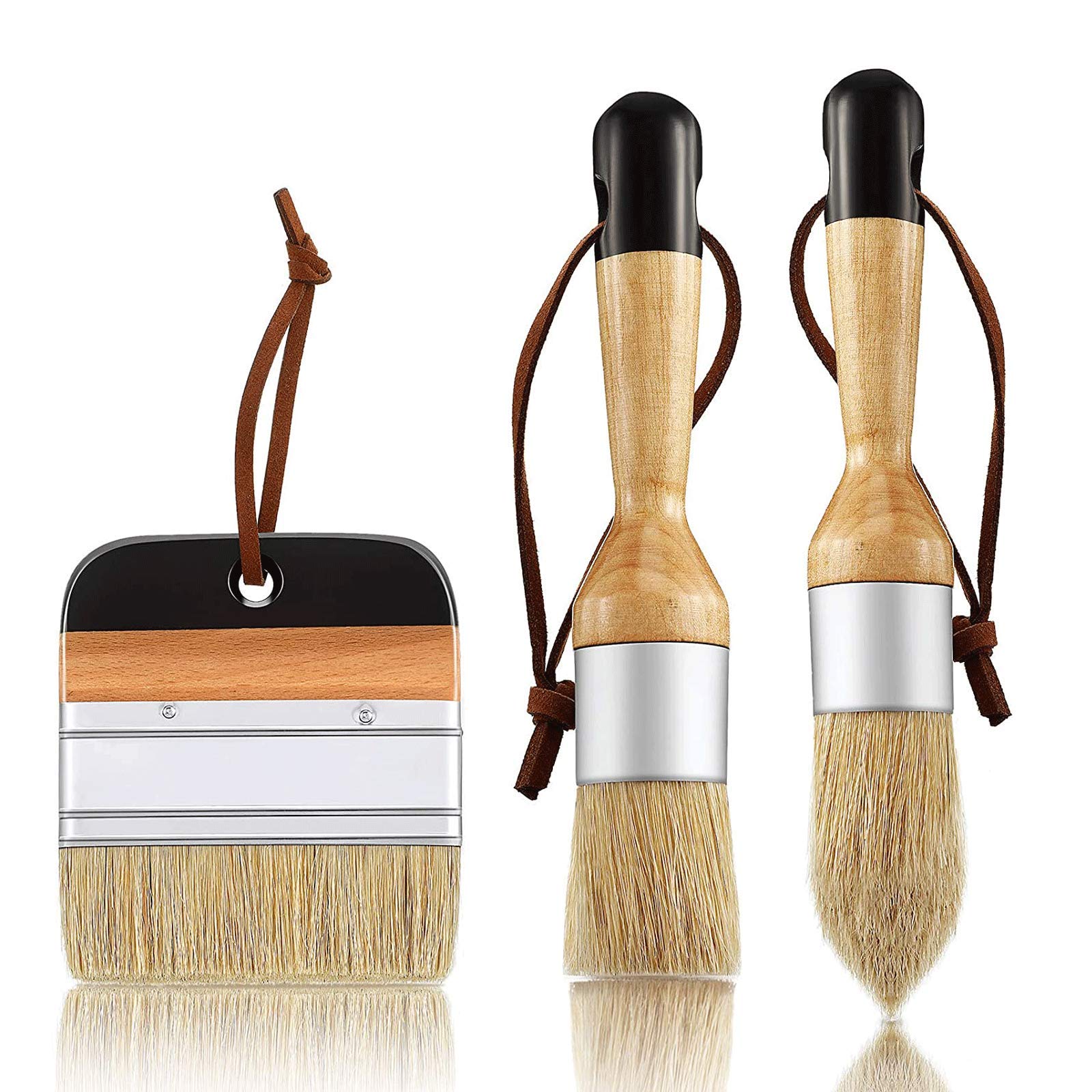 3-Piece Natural Bristle Chalk Paint Brush Set with Ergonomic Handle - Perfect for Wood Furniture, Home Decor, DIY Projects & Art Crafts - Ideal for Furniture Makeovers, Wall Painting, and Creative Crafting