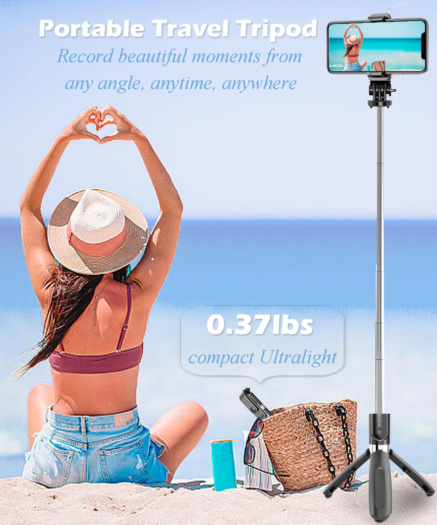 Extendable Selfie Stick Tripod with Wireless Remote - Portable Lightweight Phone Tripod Stand for iPhone & Android - Perfect for Travel, Vlogging & Hands-Free Video Recording
