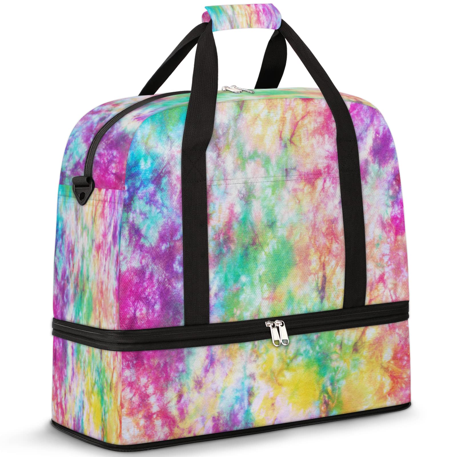 Vibrant Tie-Dye Sports Tote & Gym Duffel Bag with Shoe Compartment - Rainbow Foldable Travel Bag for Women, Men & Teens - Perfect for Workouts, Weekend Trips & Overnight Stays