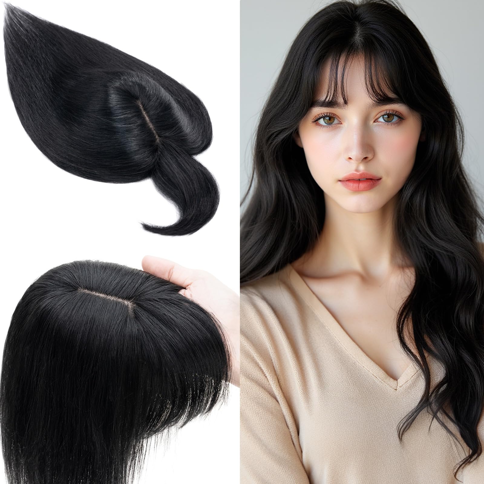 SEGO 100% Real Human Hair Toppers with Bangs - Silk Base 150% Density Clip-in Hairpiece for Women (2.7”x5.1”) - Thinning Hair Solution & Gray Coverage - Perfect for Daily Wear, Special Occasions & Hair Loss Concealment