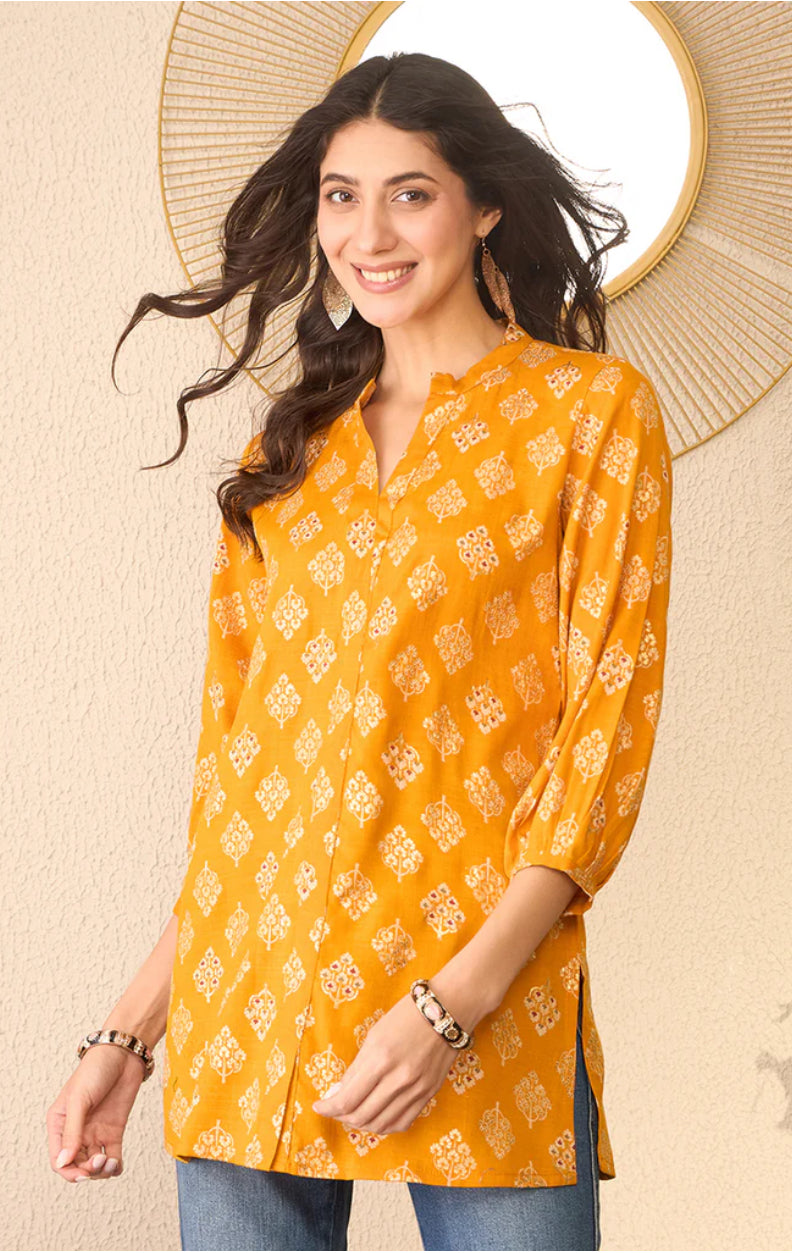 Stylish Yellow Cotton Blend Floral Printed Tunic Top for Women - Casual Summer Wear, Beach Cover-Up & Boho Outfit