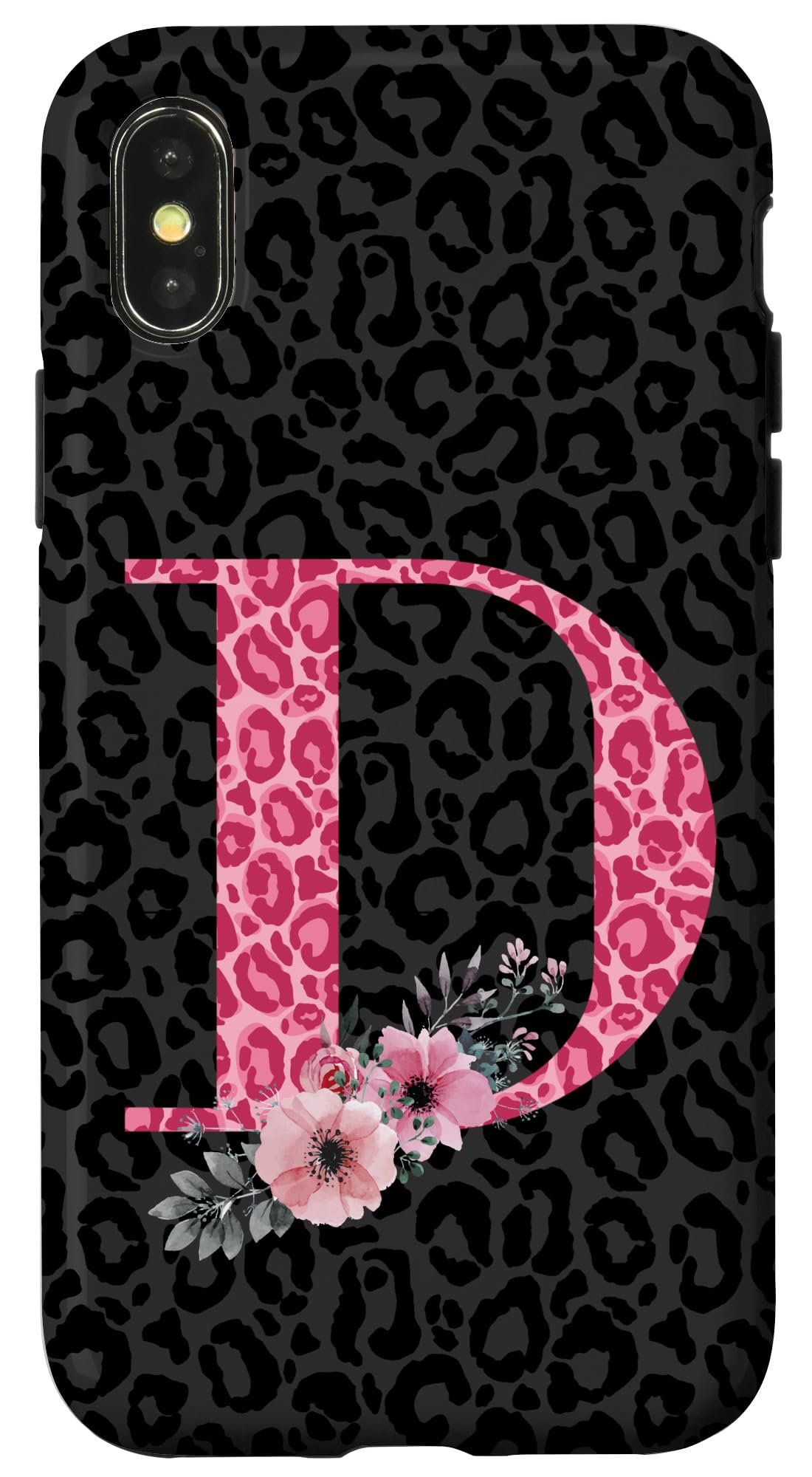 iPhone X/XS Letter D Floral Pink & Black Leopard Print Phone Case - Stylish Protective Cover for Everyday Use, Travel & Fashion Accessory
