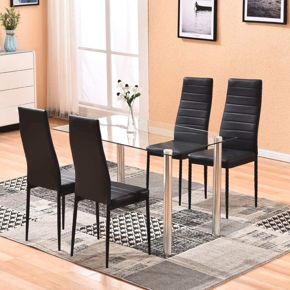 BELIFEGLORY Modern Glass Top Dining Table Set with 4 PU Leather Chairs - Tempered Glass Kitchen Table & Chrome Leg Base - Perfect for Small Spaces, Apartments & Contemporary Dining Rooms