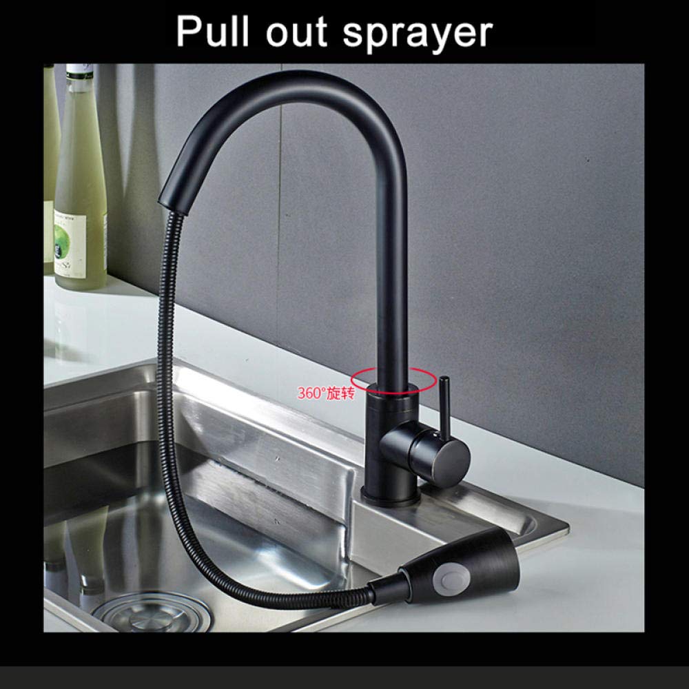 Black Brass Pull-Out Sprayer Kitchen Faucet - Deck Mounted Vessel Sink Faucet with Hot & Cold Water Mixer Tap for Bathroom Vanity & Kitchen Sink | Modern Matte Finish for Home & Commercial Use