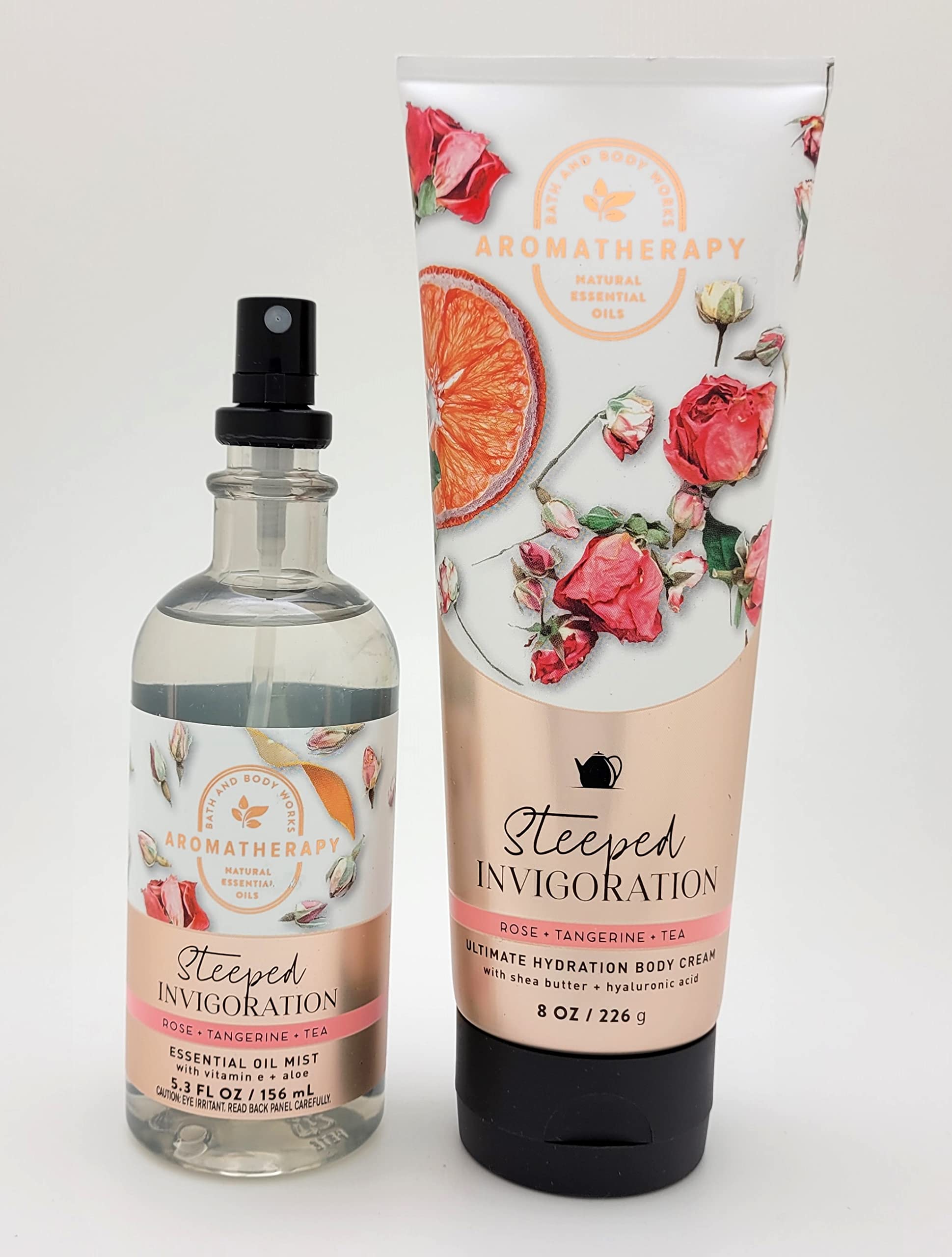Bath & Body Works Aromatherapy Set - Rose Tangerine Tea Essential Oil Mist (5.3 fl oz) & Ultimate Hydration Body Cream (8 oz) - 2 Piece Relaxation Bundle for Stress Relief & Self Care