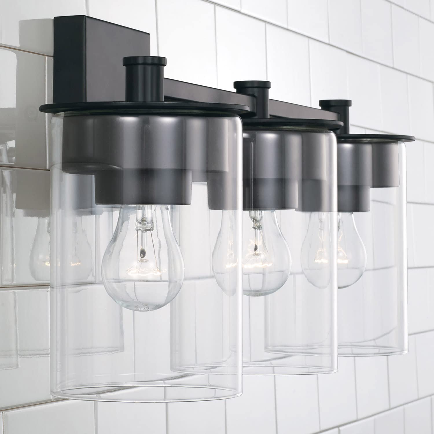 HomePlace Lighting 146831MB-532 3-Light Black Transitional Vanity Light with Clear Glass Cylinder Shades - 300W, 9