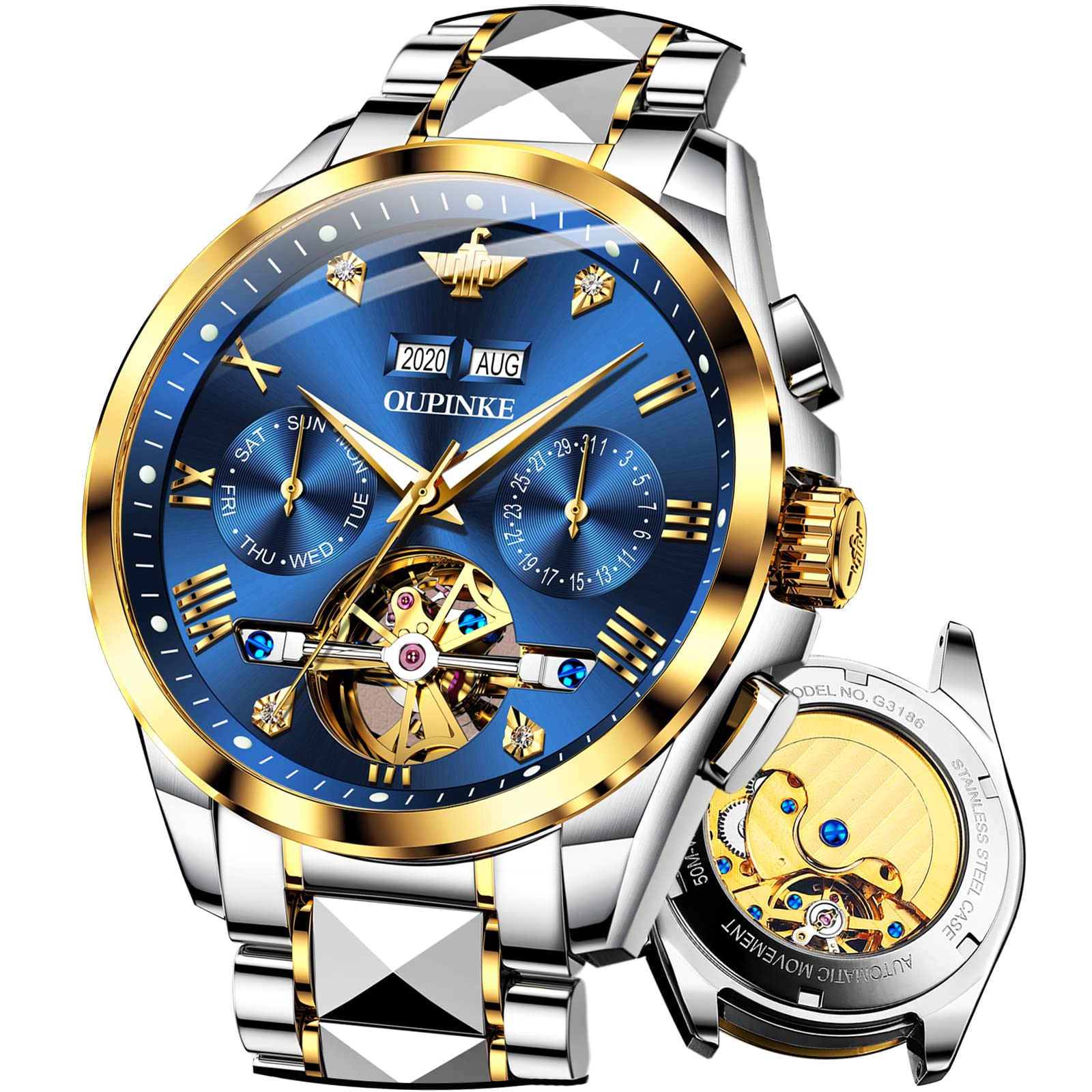 OUPINKE Men's Automatic Skeleton Mechanical Watch - Self-Winding Hollow Design, Sapphire Crystal, 50M Waterproof, Tungsten Steel Case - Perfect for Business, Formal & Casual Wear