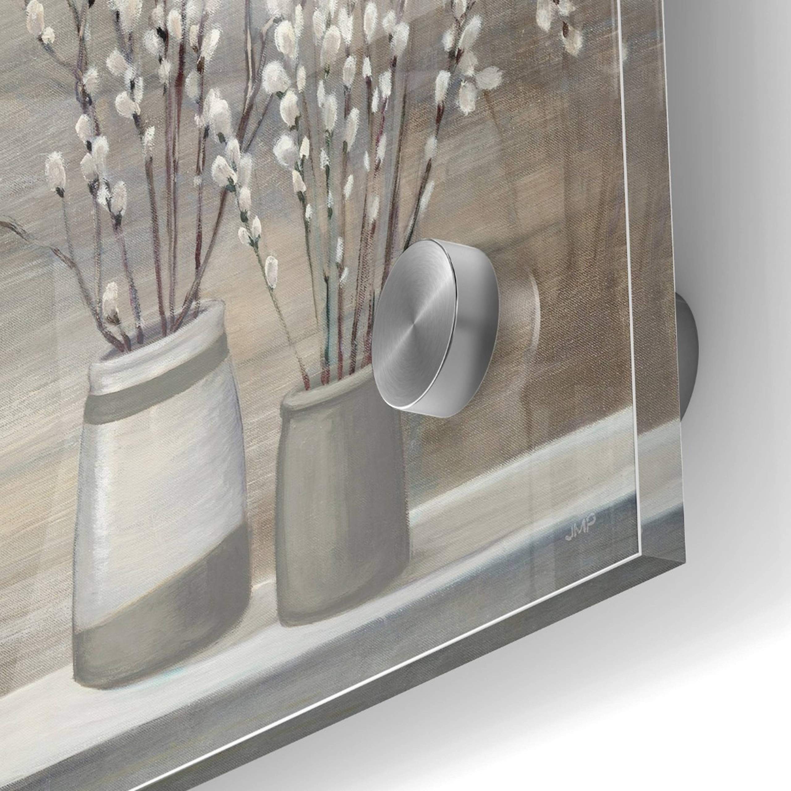 Julia Purinton 'Pussy Willow Still Life Gray Pots' Acrylic Glass Wall Art - 24x24 Inches Modern Home Decor for Living Room, Bedroom & Office