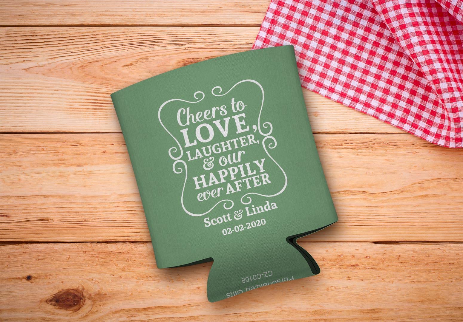 Cheers To Love Custom Names & Date 48-Pack Personalized Can Coolers - Sage Green Drink Sleeves for Beer, Soda & Cocktails - Perfect for Weddings, Parties & Outdoor Events