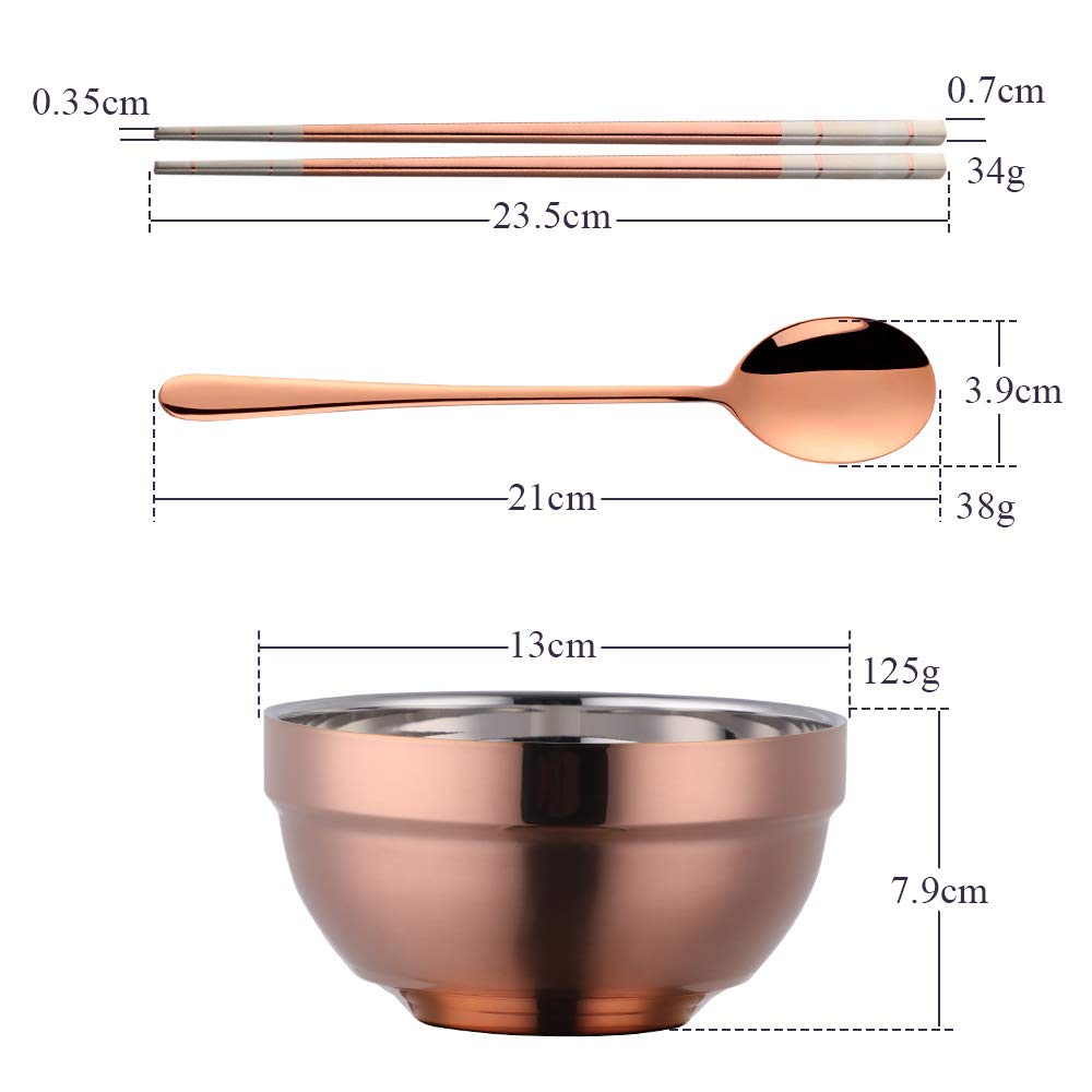 Premium 24-Piece SUS 304 Stainless Steel Bowl Set with Spoons & Chopsticks - 19oz Double-Walled Metal Rice & Cereal Serving Bowls for Restaurant, Home Kitchen - Family & Kids Friendly Rose Gold Dinnerware Set - Perfect for Asian Cuisine, Meal Prep, Camping & Party Serving