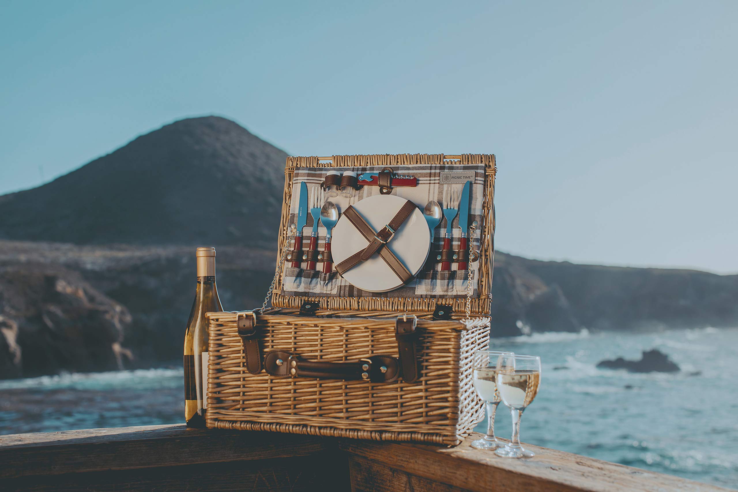 PICNIC TIME - Bristol Wicker Picnic Basket for 2 with Navy Blue & Burgundy Plaid Pattern - Complete Picnic Set for Couples | Perfect for Romantic Outdoors, Beach Dates, and Park Picnics