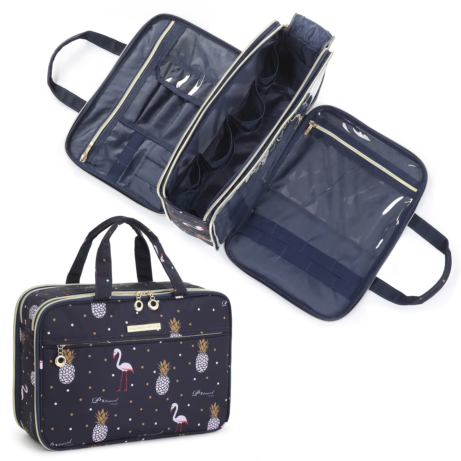 Lychii Large Toiletry Bag for Travel - 8L Cosmetic Organizer with Brush Holder, Makeup Case for Full-Sized Toiletries (Flamingo Print) - Perfect for Vacation, Gym & Weekend Getaways
