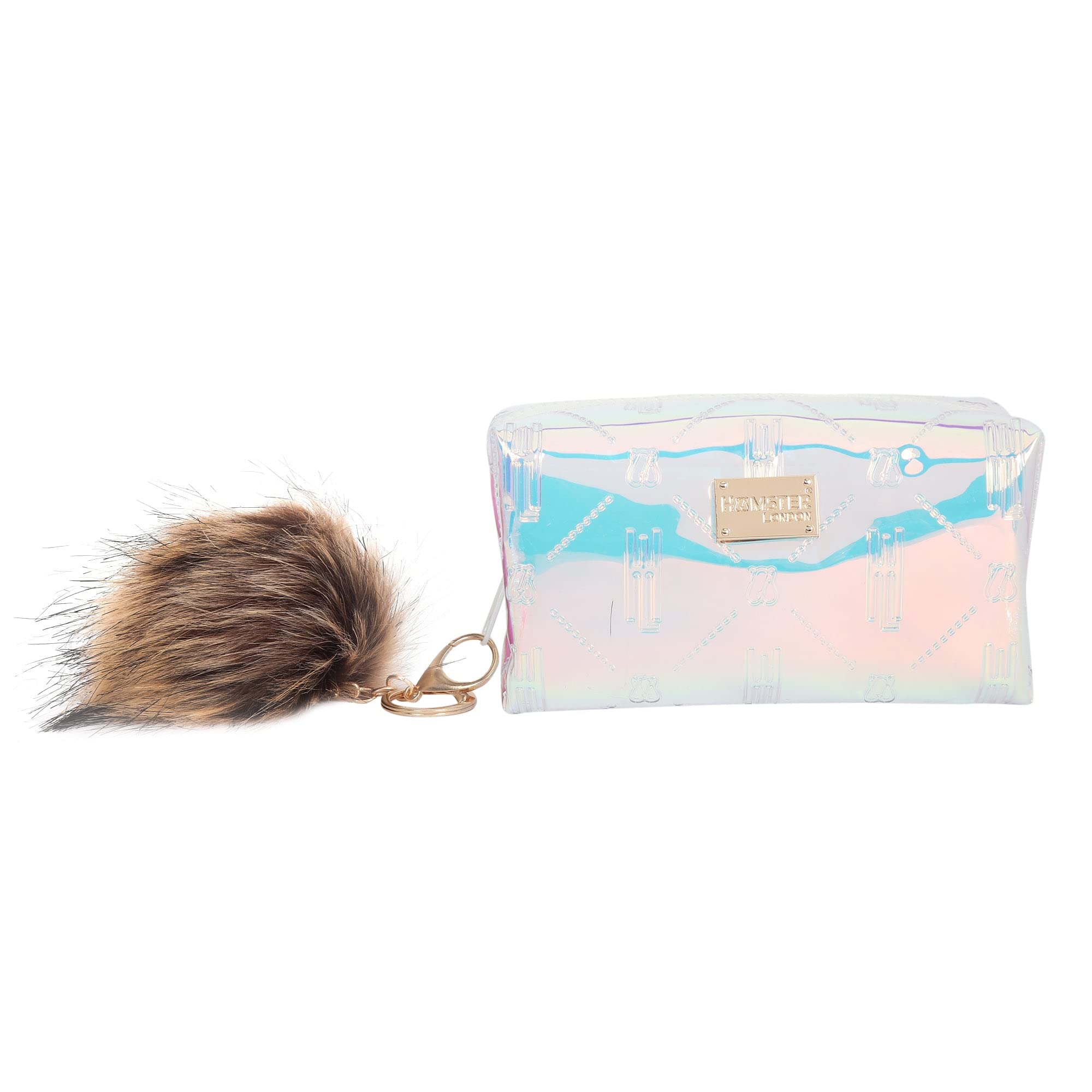 Hamster London Raver White Pom Pom Cosmetic Pouch - Zippered Travel Makeup Bag & Toiletry Organizer for Women | Perfect for Vacation, Gym, and Daily Essentials Storage