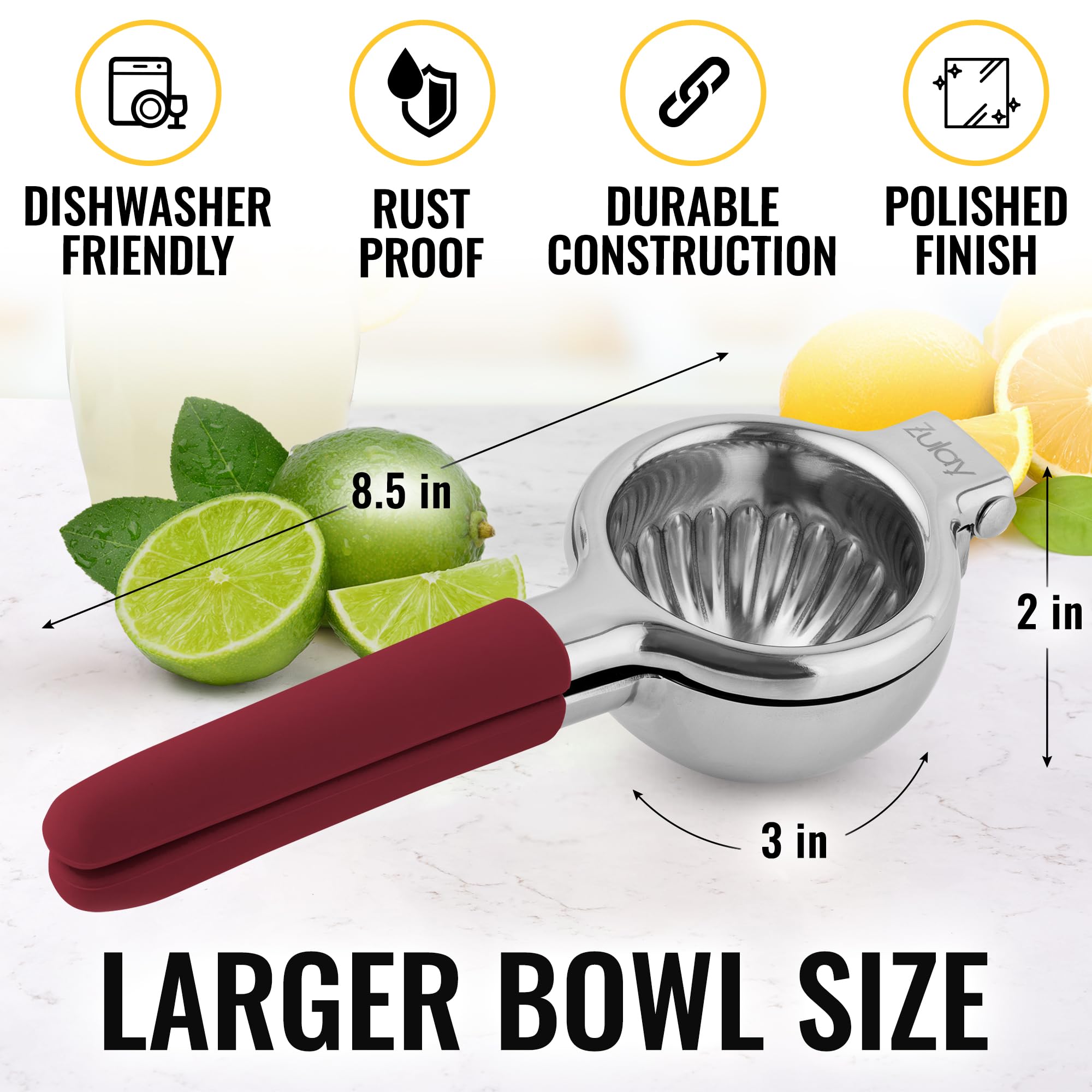 Premium Stainless Steel Lemon Squeezer - Heavy Duty Manual Citrus Juicer with Solid Metal Bowl & Food Grade Silicone Handles - Large Lime & Orange Press (Cranberry) - Perfect for Fresh Juice, Cocktails, Baking & Healthy Drinks