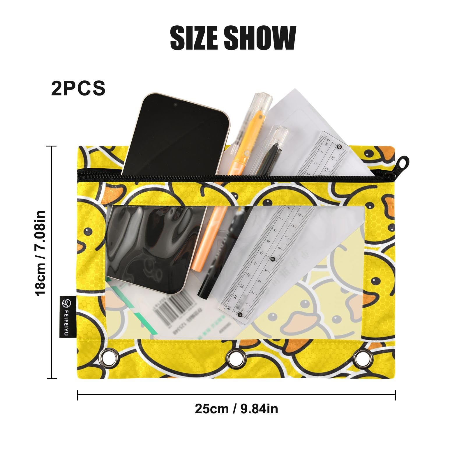 2 Pack Little Yellow Duck Pencil Pouch for 3 Ring Binder - Clear Window Zipper Pencil Case for School, Office & College Supplies - Perfect for Organizing Pens, Markers & Stationery in Classroom or Work