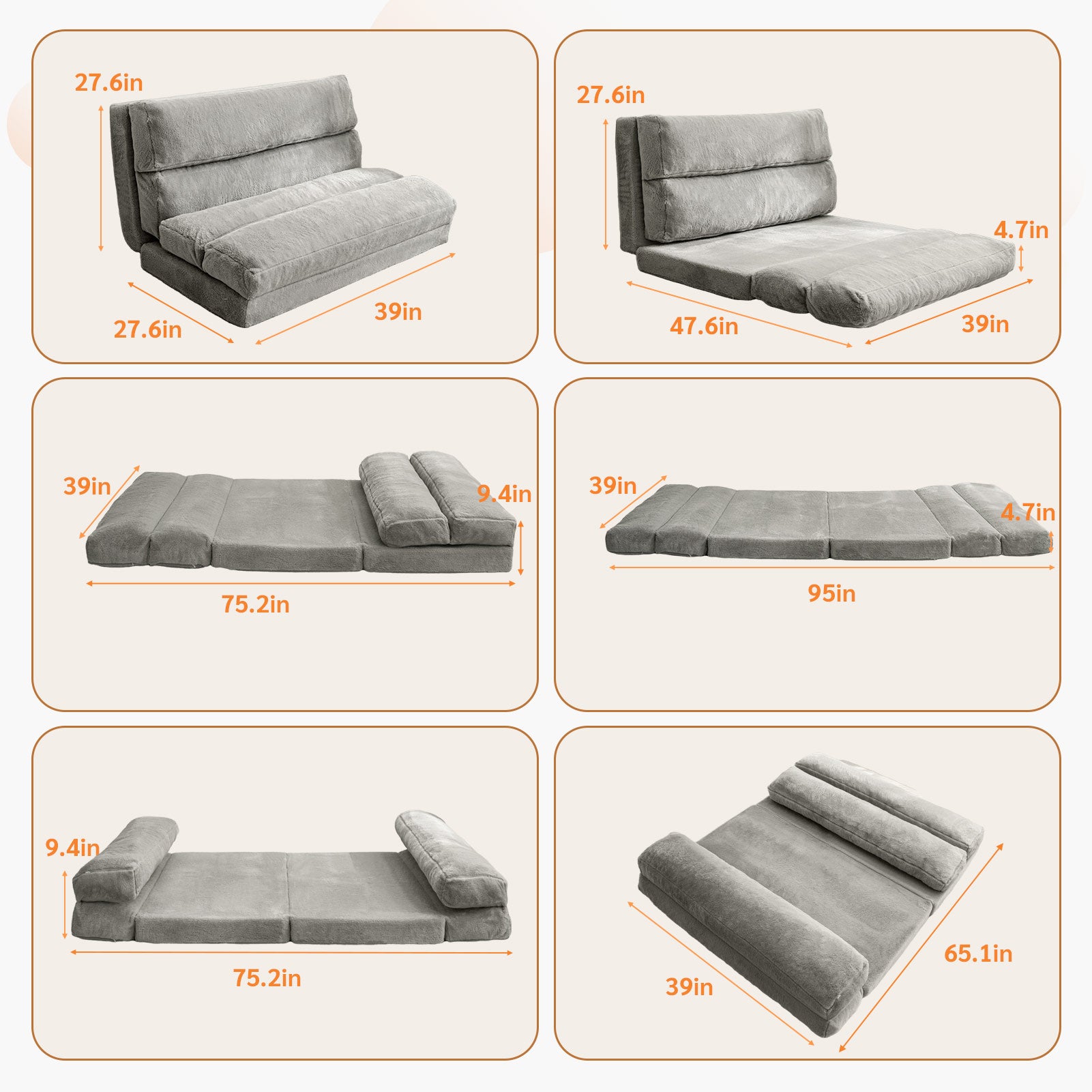 MAXYOYO Extra Wide Foldable Bean Bag Bed - Convertible Sofa to Floor Mattress for Adults, Grey - Perfect for Lounging, Guest Beds & Small Space Living