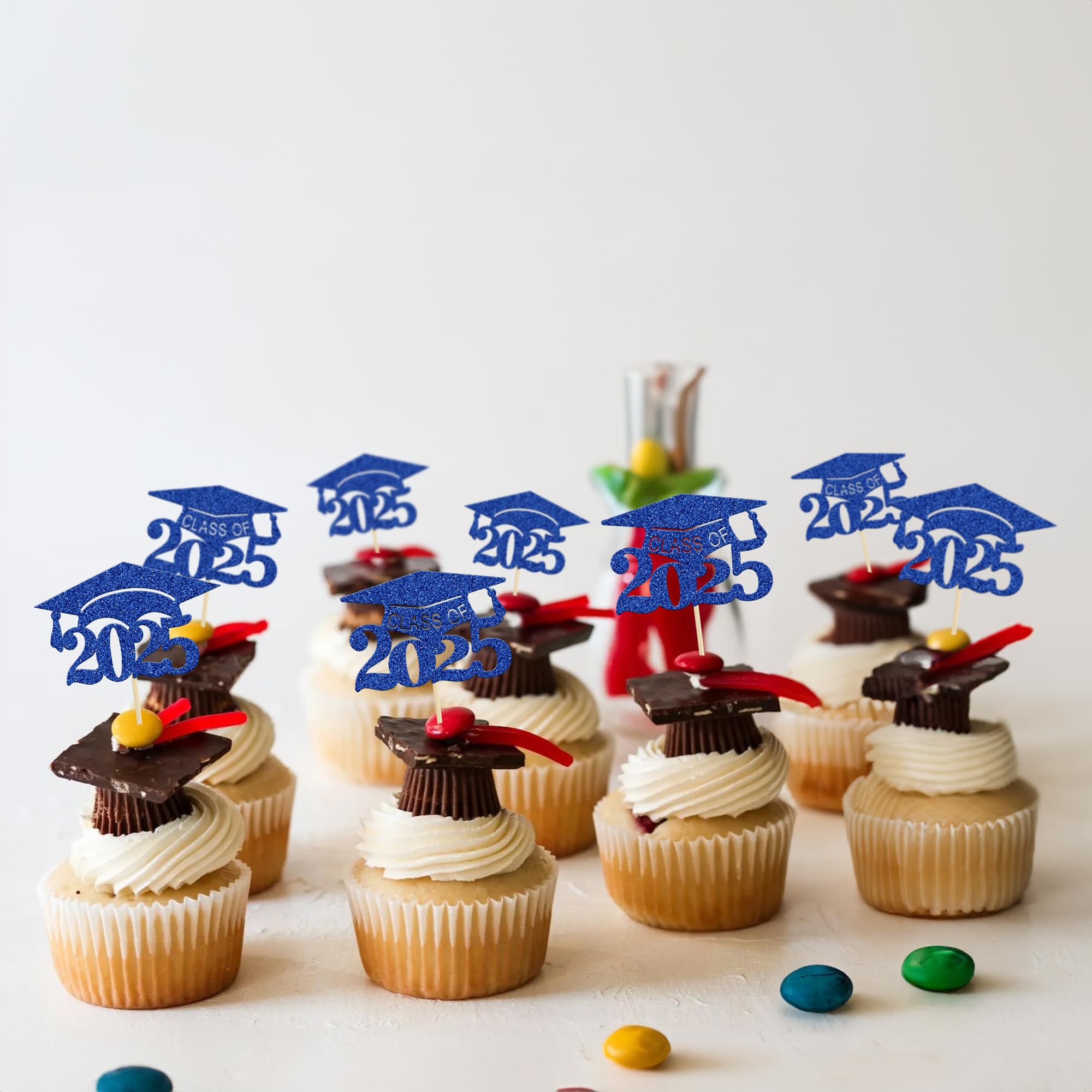 24Pcs 2025 Graduation Cap Cupcake Toppers - Glitter Class of 2025 Grad Cap Cake Decorations - Deep Blue - Perfect for Graduation Party, School Celebration & Dessert Decor