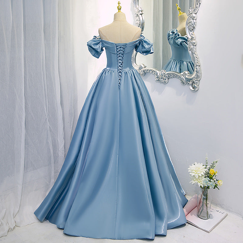 Elegant Off Shoulder Blue Satin Prom Dress for Women - Formal Evening Gown for Party, Ball, Homecoming & Special Occasions | Perfect for Prom Night, Wedding Guest & Black Tie Events