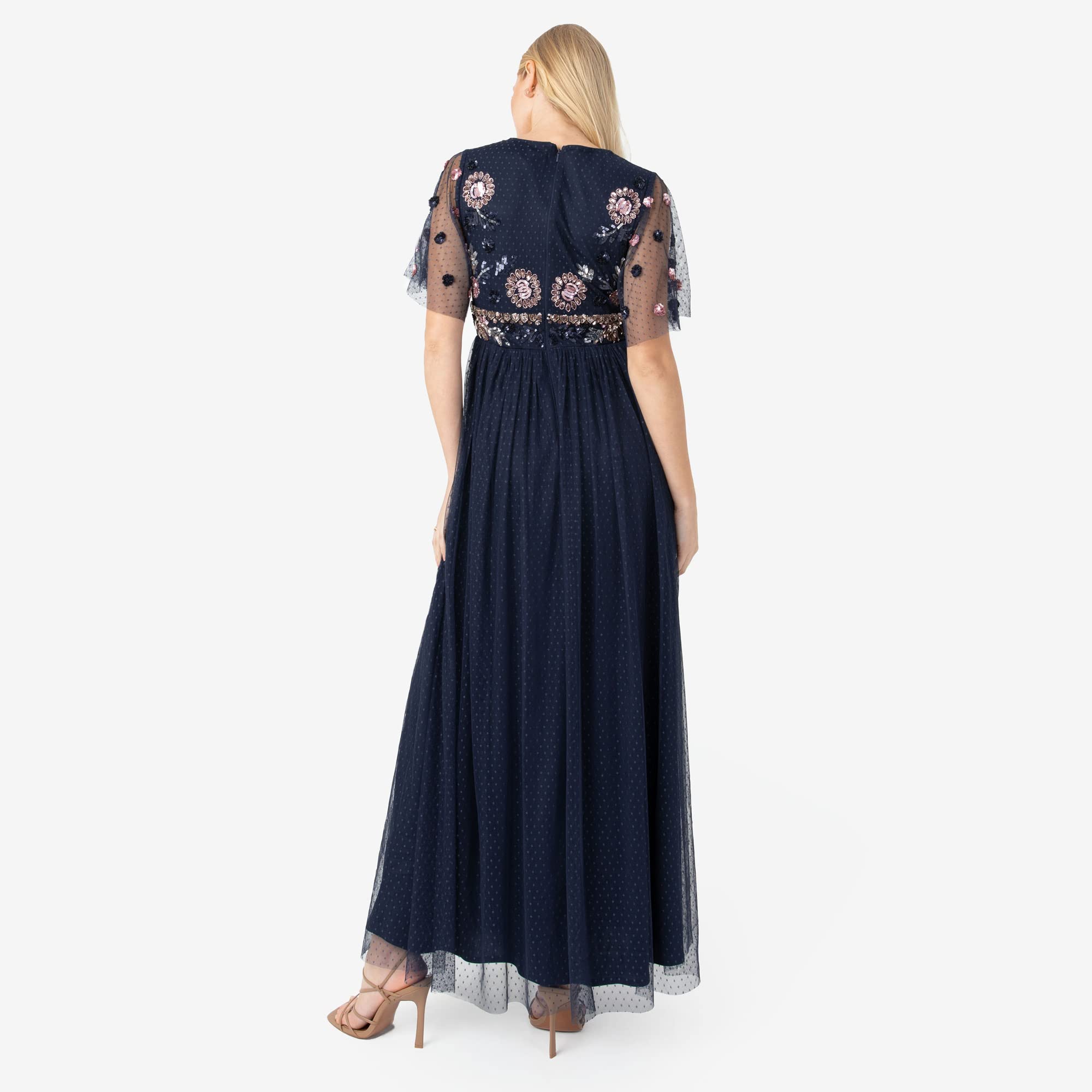 Maya Deluxe Women's Maxi Dress with Embellished Spot Mesh, A-Line V-Neck - Perfect for Wedding Guest, Bridesmaid, Prom, Ball & Special Occasions | Elegant Evening Gown for Parties & Formal Events