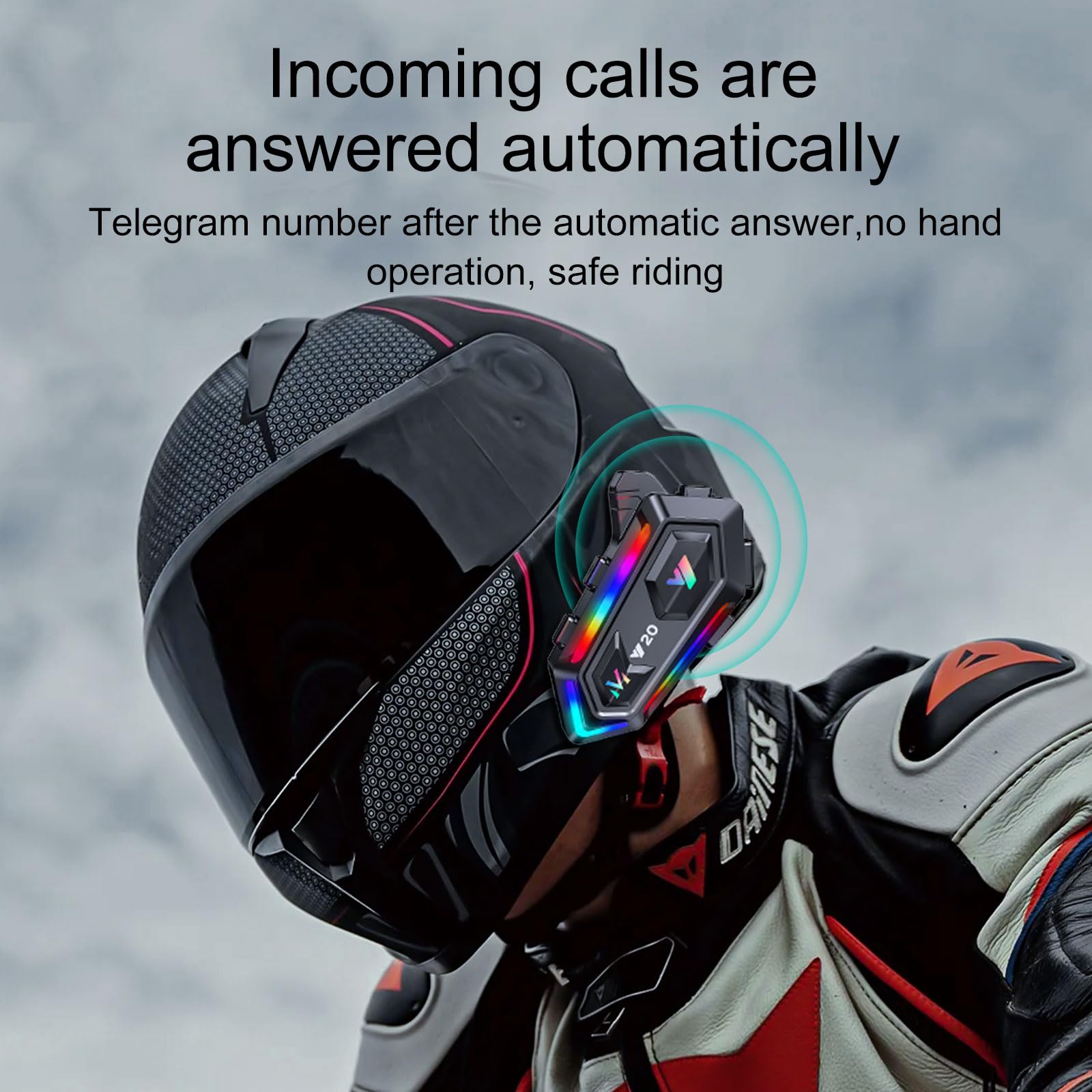 Y20 Motorcycle Helmet Bluetooth Headset with RGB Lighting - Bluetooth 5.3, Smart Noise Cancelling, HiFi Sound, IPX6 Waterproof - Universal Fit for All Helmets - Perfect for Night Riding & Group Communication