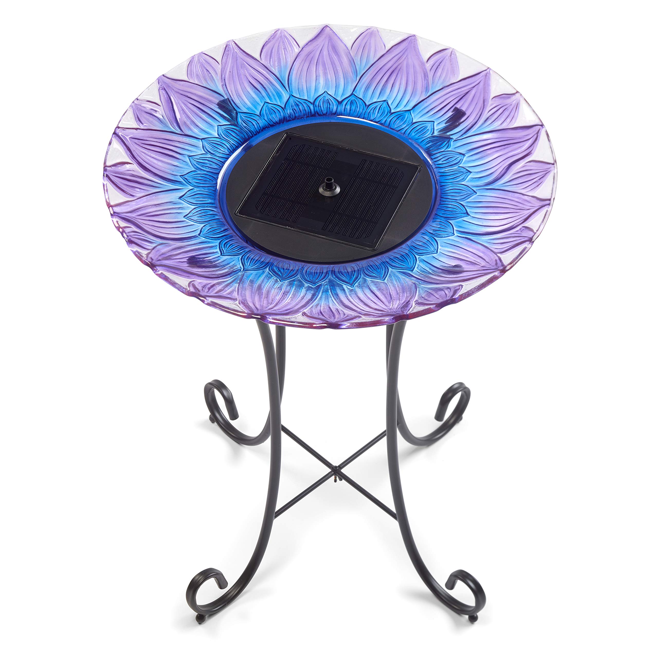 Smart Solar-Powered Birdbath Fountain with Patented Solar Panel & Pump System - Hand-Painted Glass Flower Design on Metal Stand (Blue/Purple) - Perfect for Garden, Patio, Yard Decoration & Attracting Birds