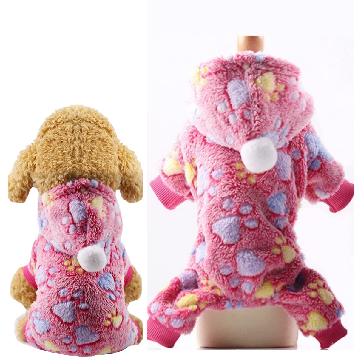 Warm Fleece Dog Pajamas with Hoodie for Small Dogs - Polka Dot Rainbow Flannel Puppy Onesie Jumpsuit with Legs | Cozy Winter Dog Clothes for Girls & Boys | Perfect for Indoor Lounging, Bedtime & Cold Weather Protection